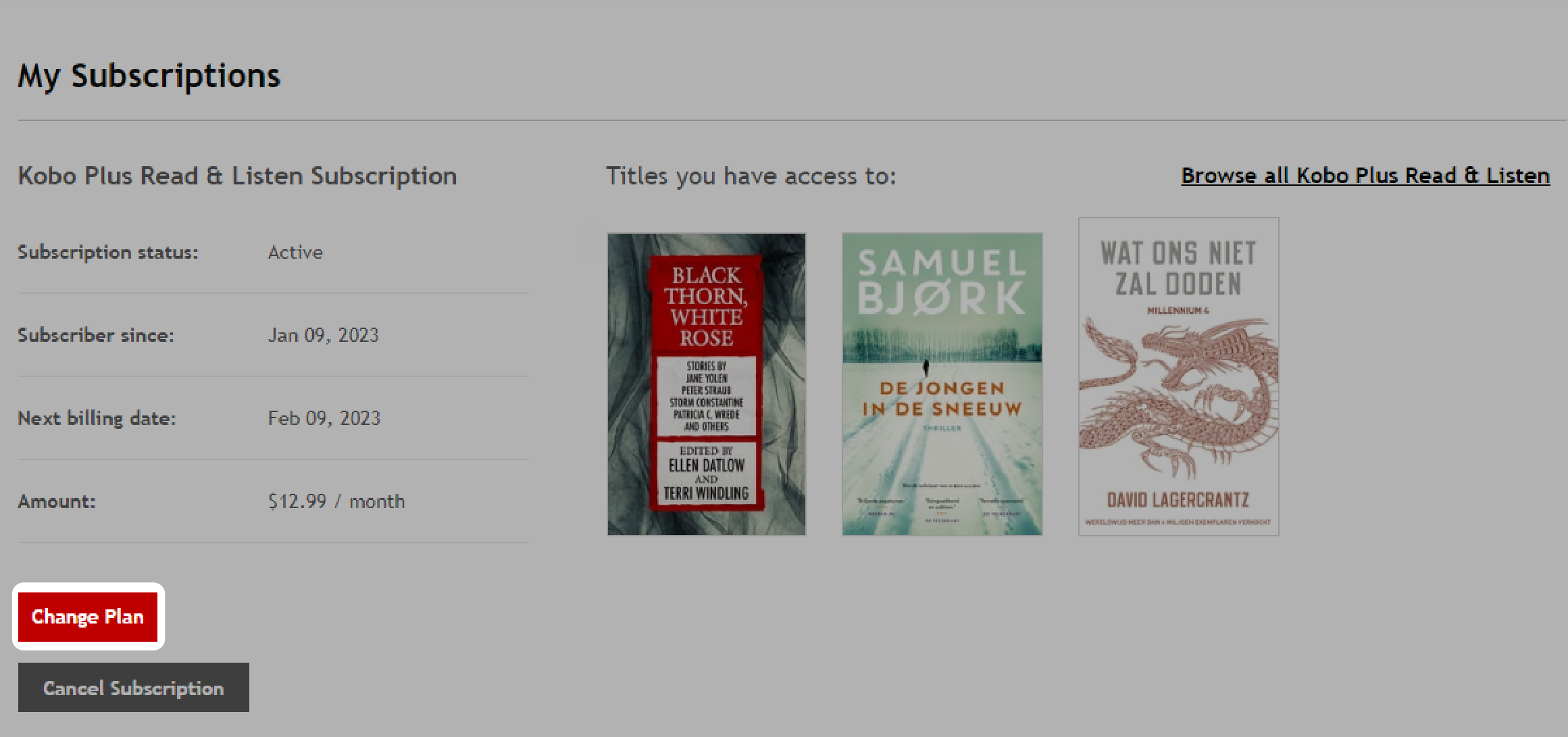 Kobo.com My subscriptions menu with the Change Plan button highlighted.