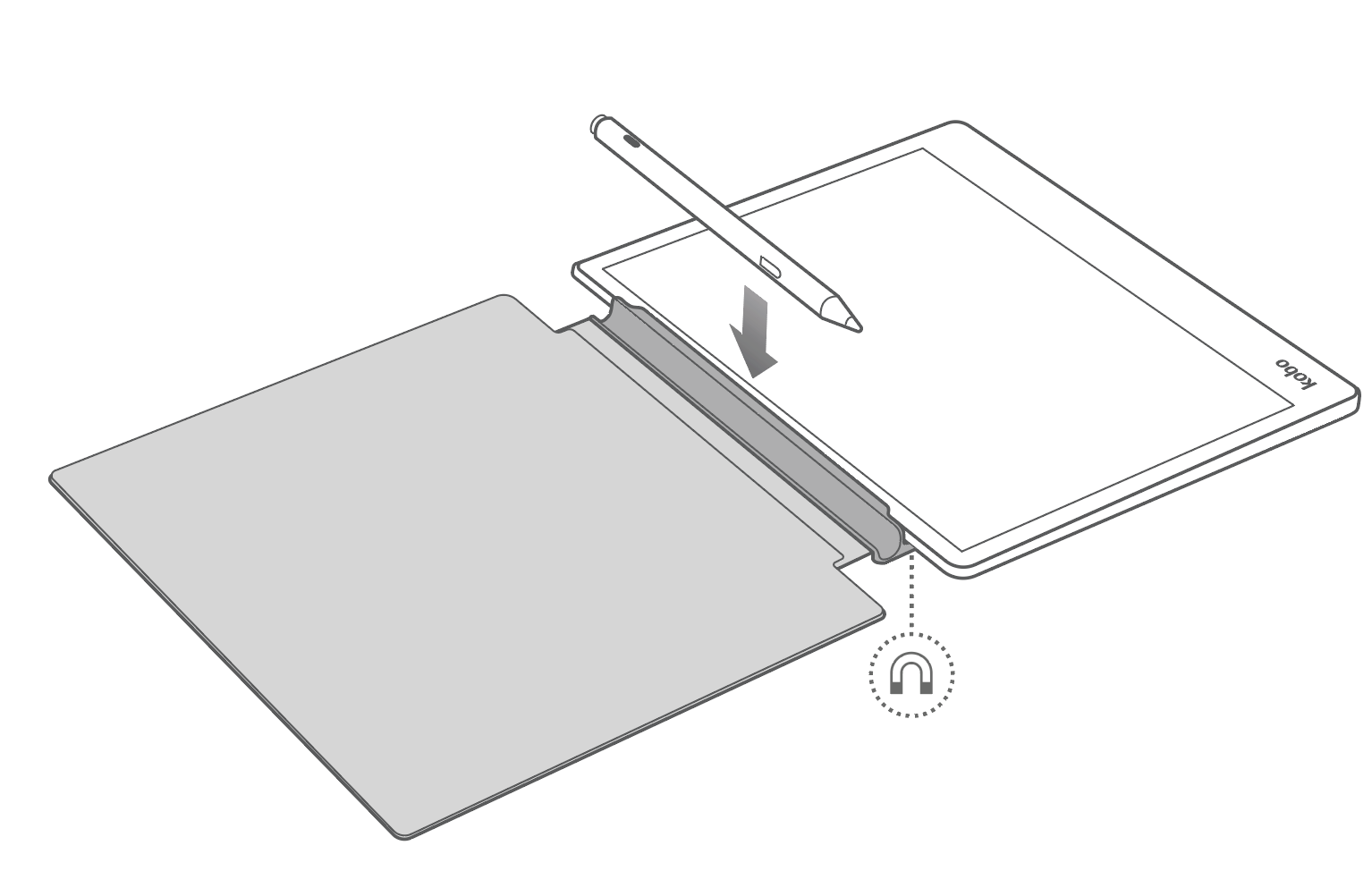 Illustration af en Kobo Stylus, der indsættes i Kobo SleepCover.