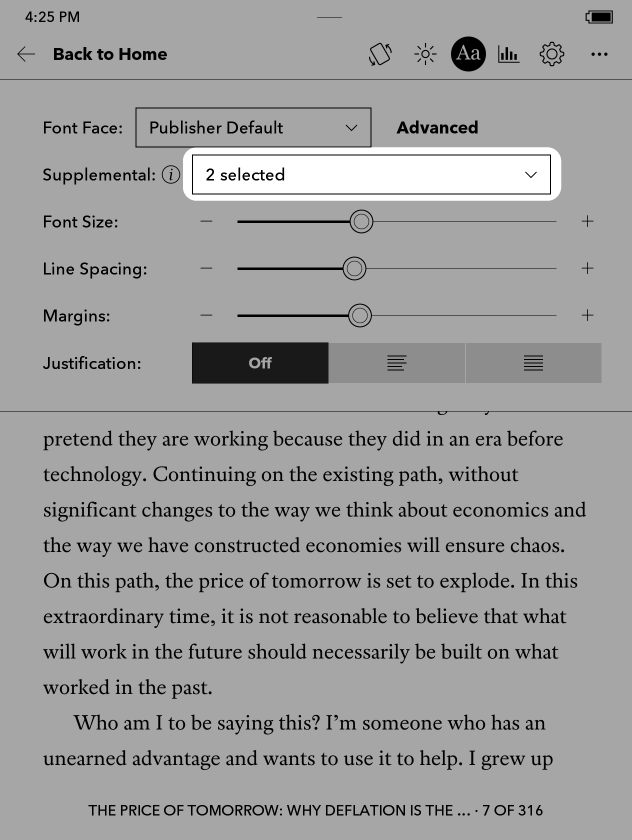 Kobo eReader Font menu with the Supplemental drop-down highlighted.