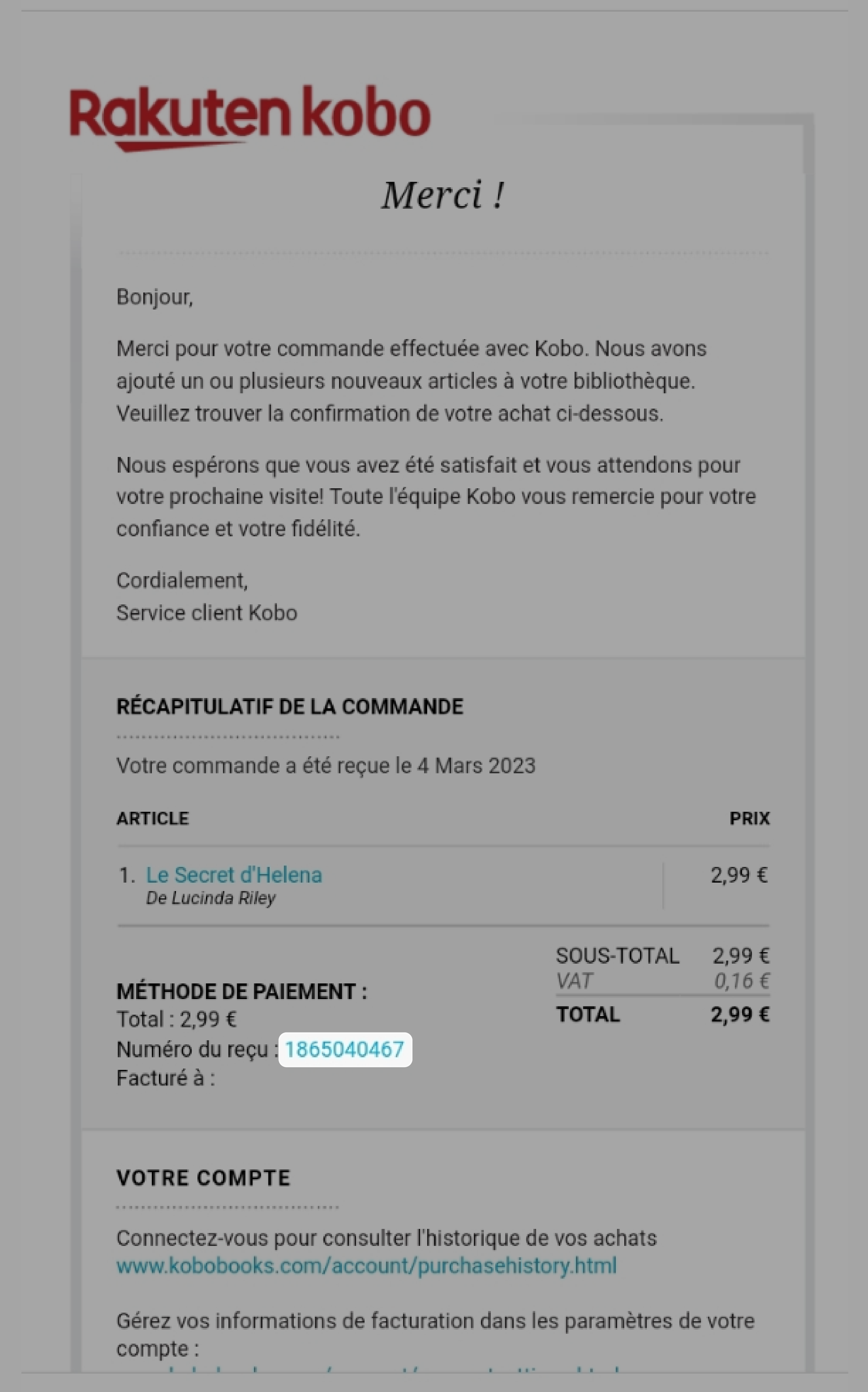 Kobo purchase receipt with the reference number highlighted.