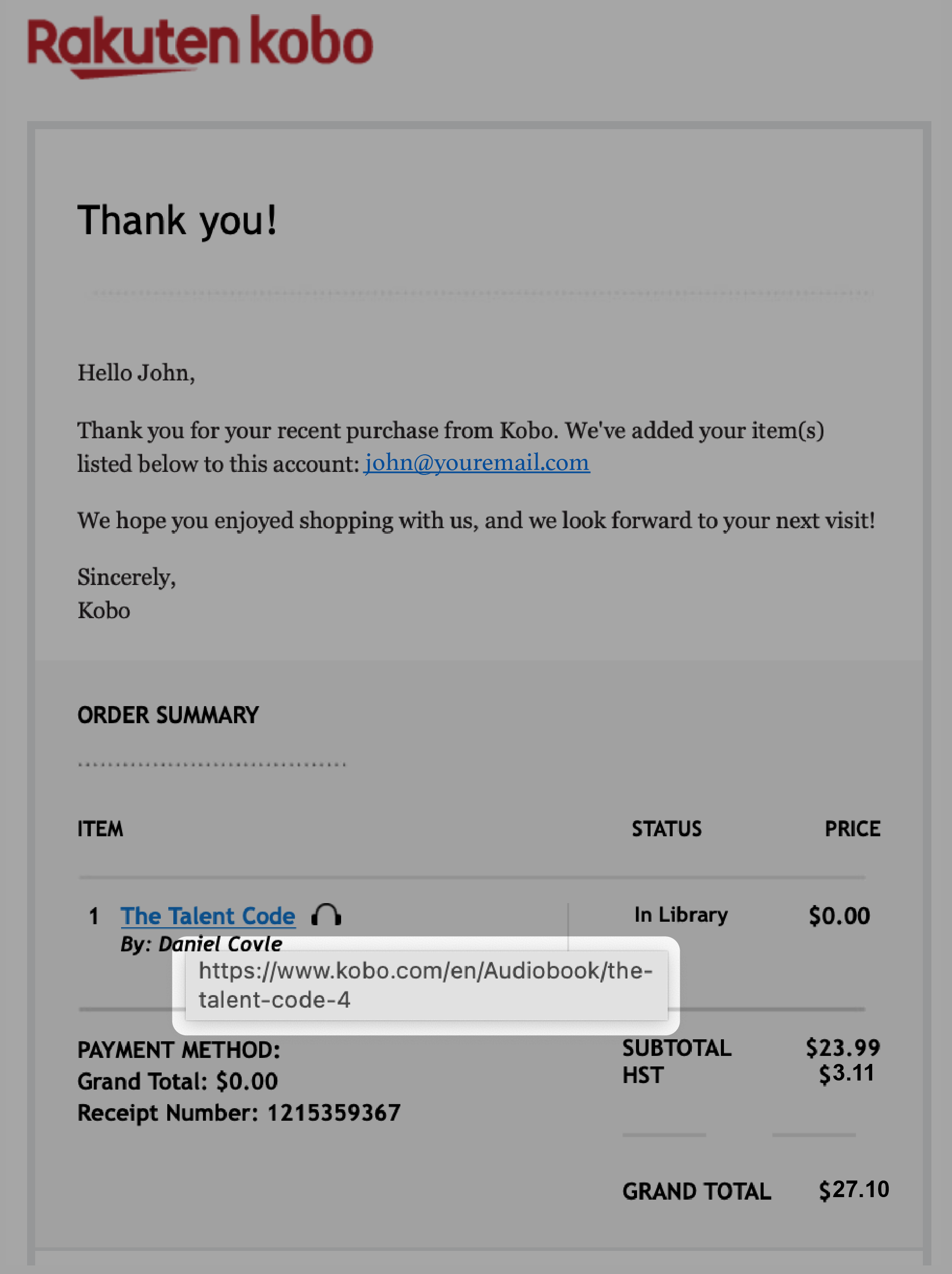 Kobo purchase confirmation email with the link of the Kobo item highlighted.