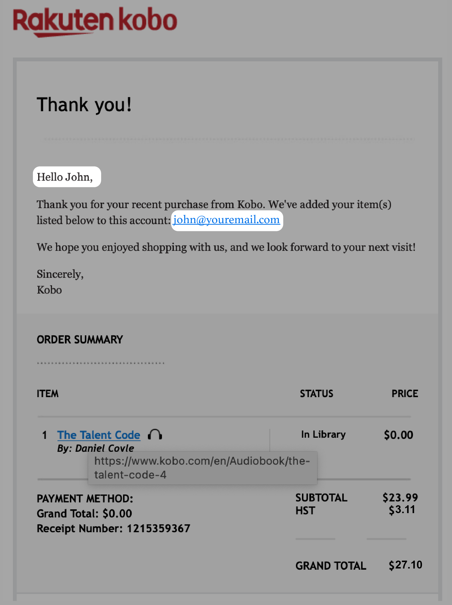 Kobo purchase confirmation email with the name and email of the purchaser highlighted.