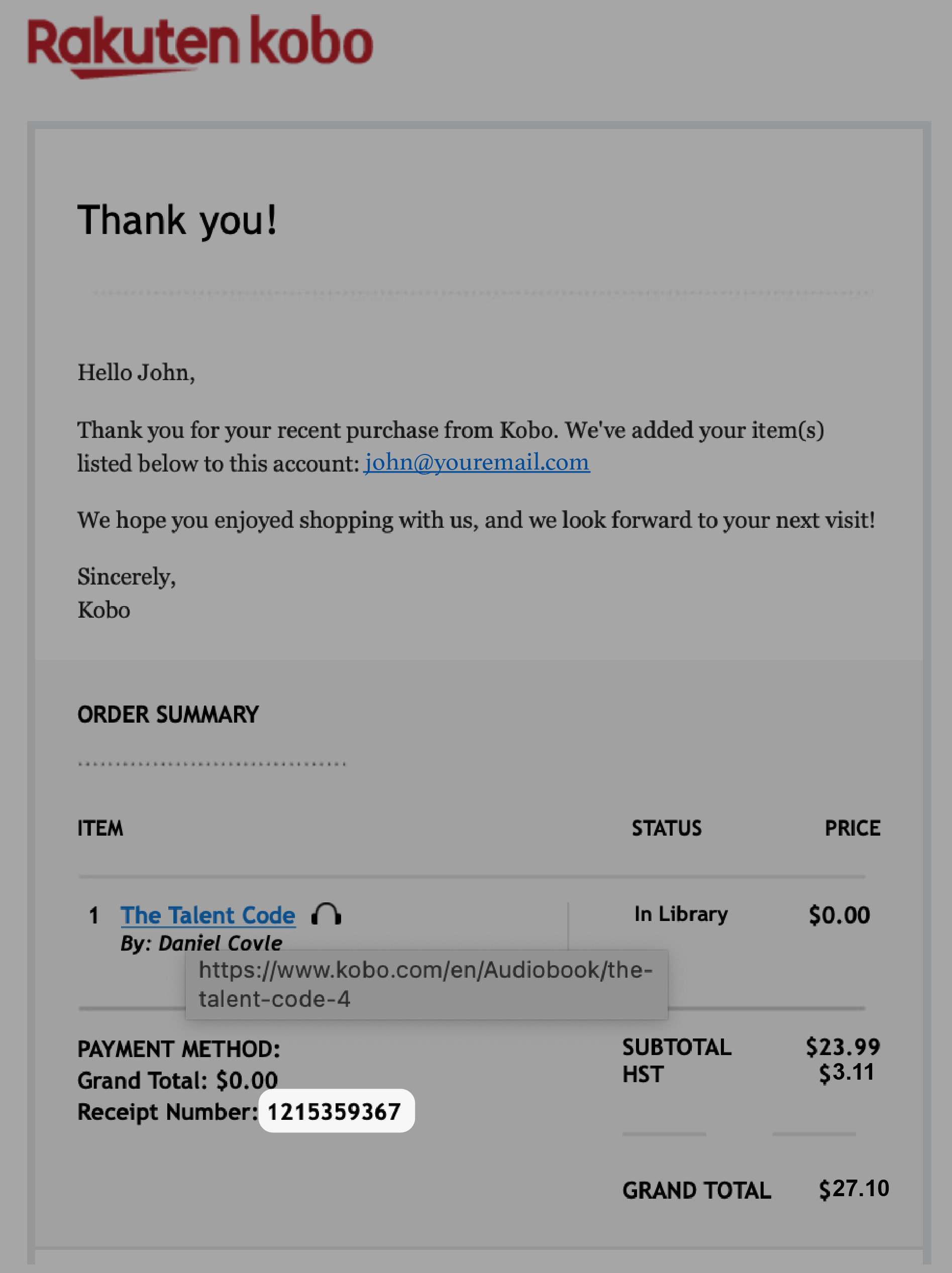 Kobo purchase receipt with the reference number highlighted.