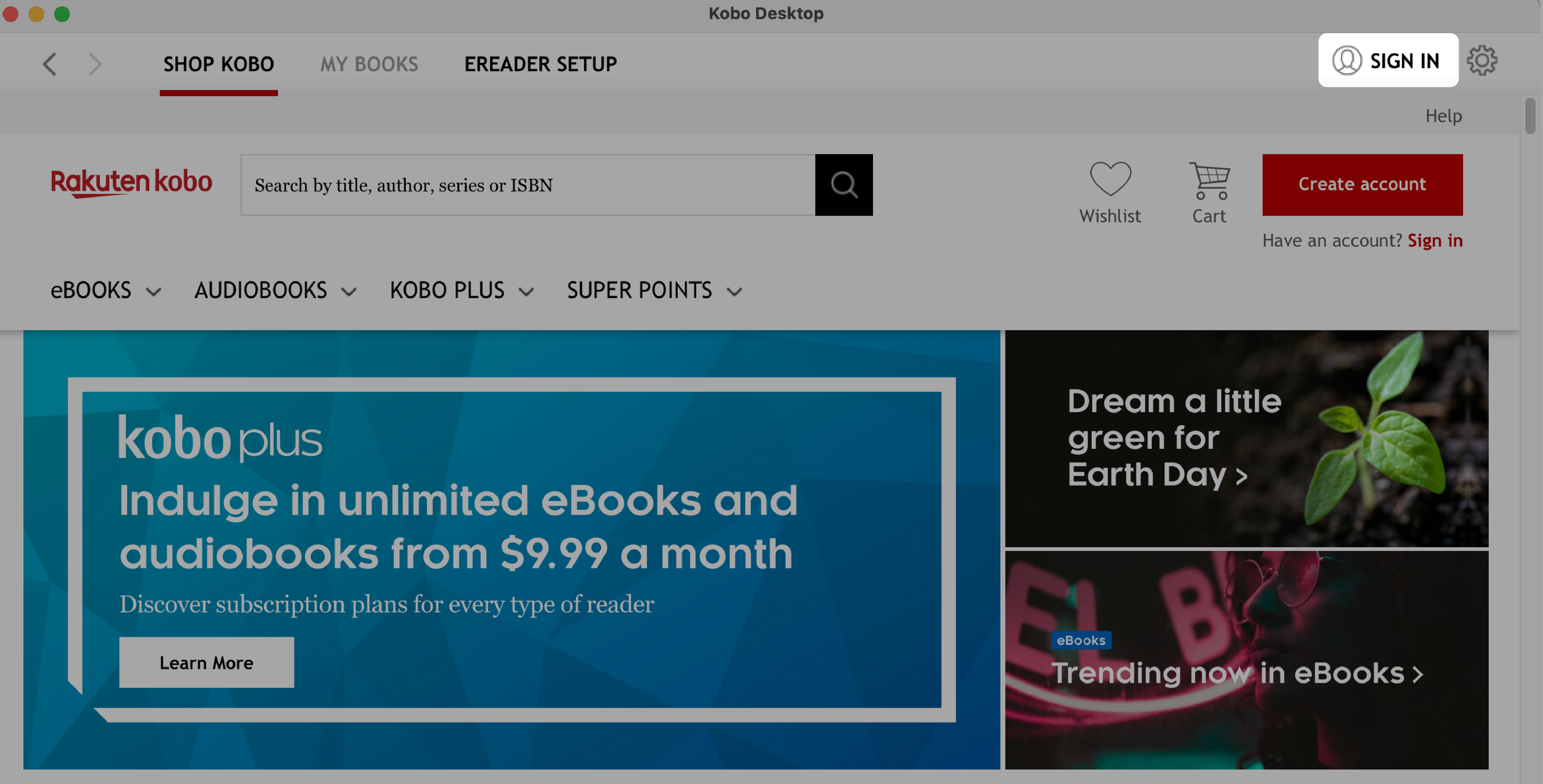 Kobo Desktop-app med knappen Log ind fremhævet.