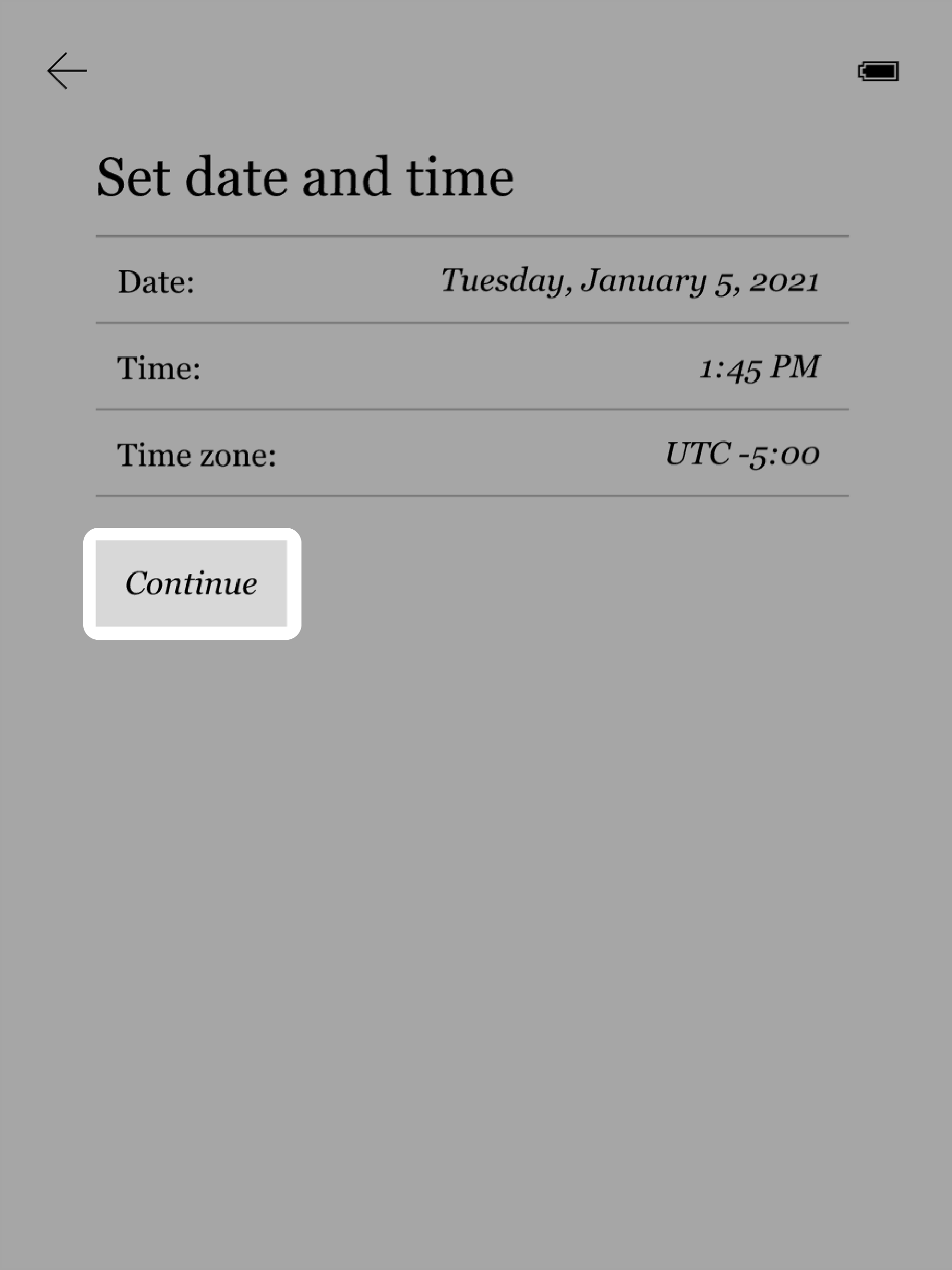 Kobo eReader Set date and time screen with the Continue button highlighted.