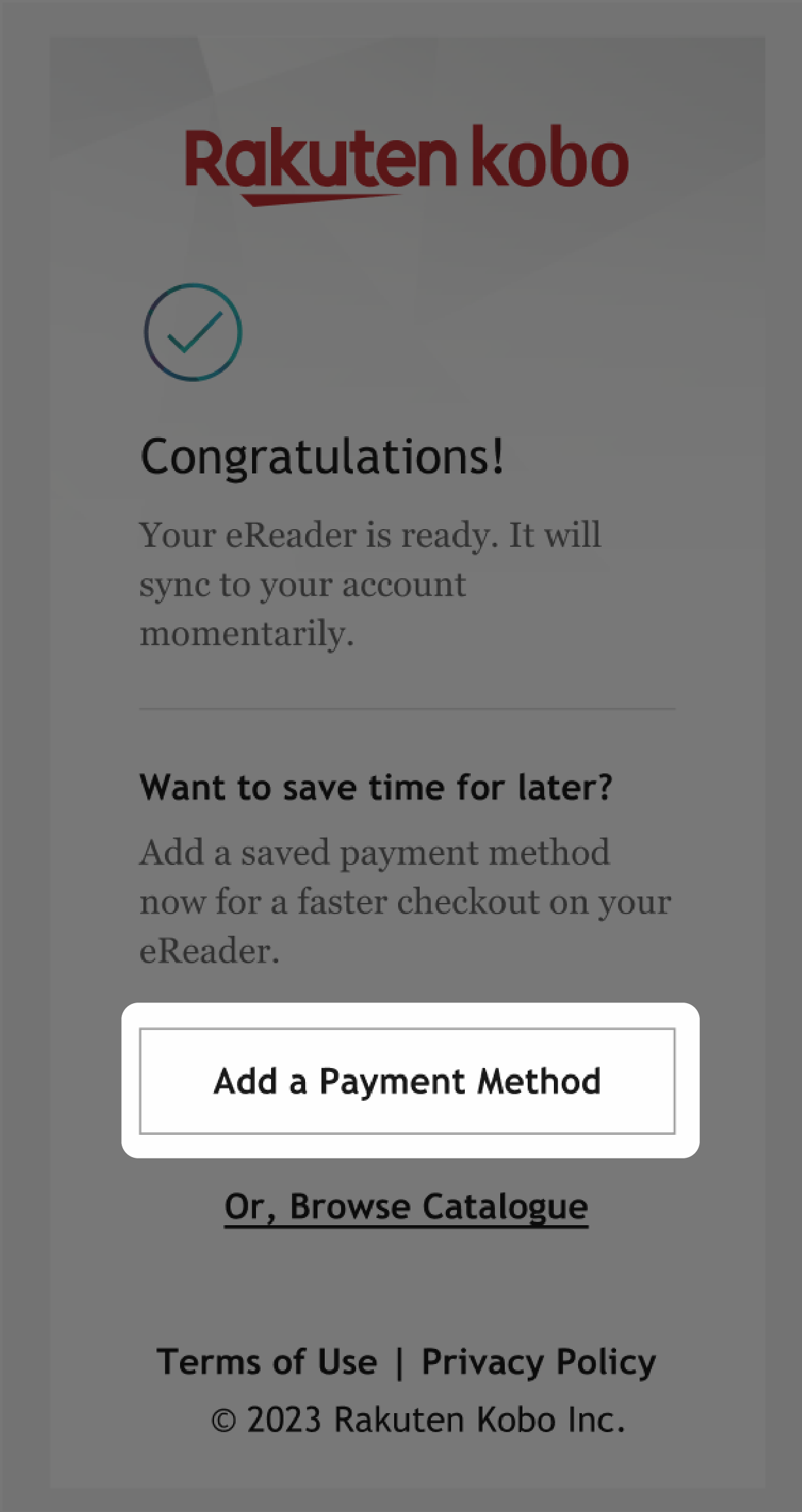 Kobo pop-up menu with the Add a Payment Method button highlighted.