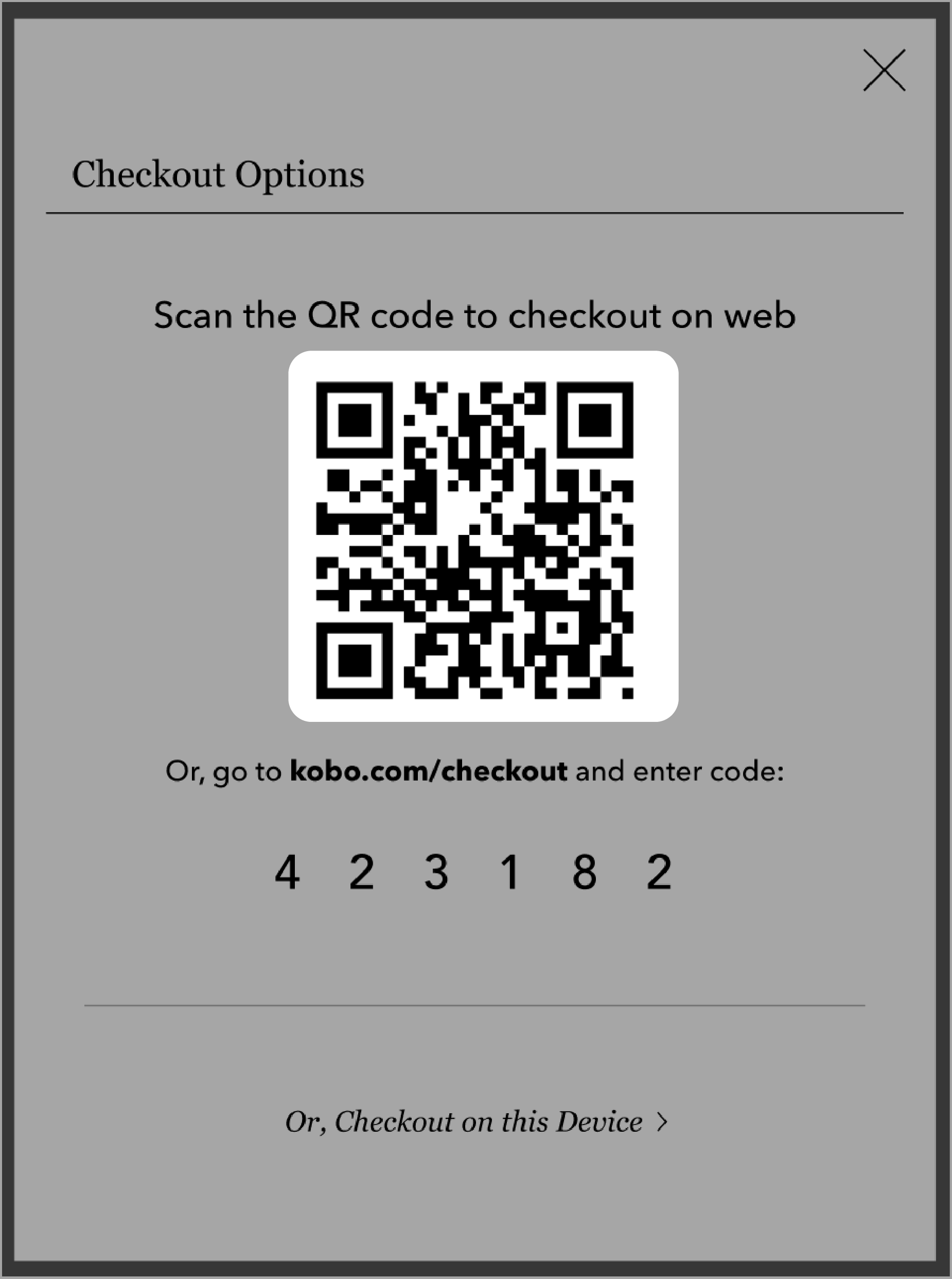 Checkout options screen with the QR code highlighted.