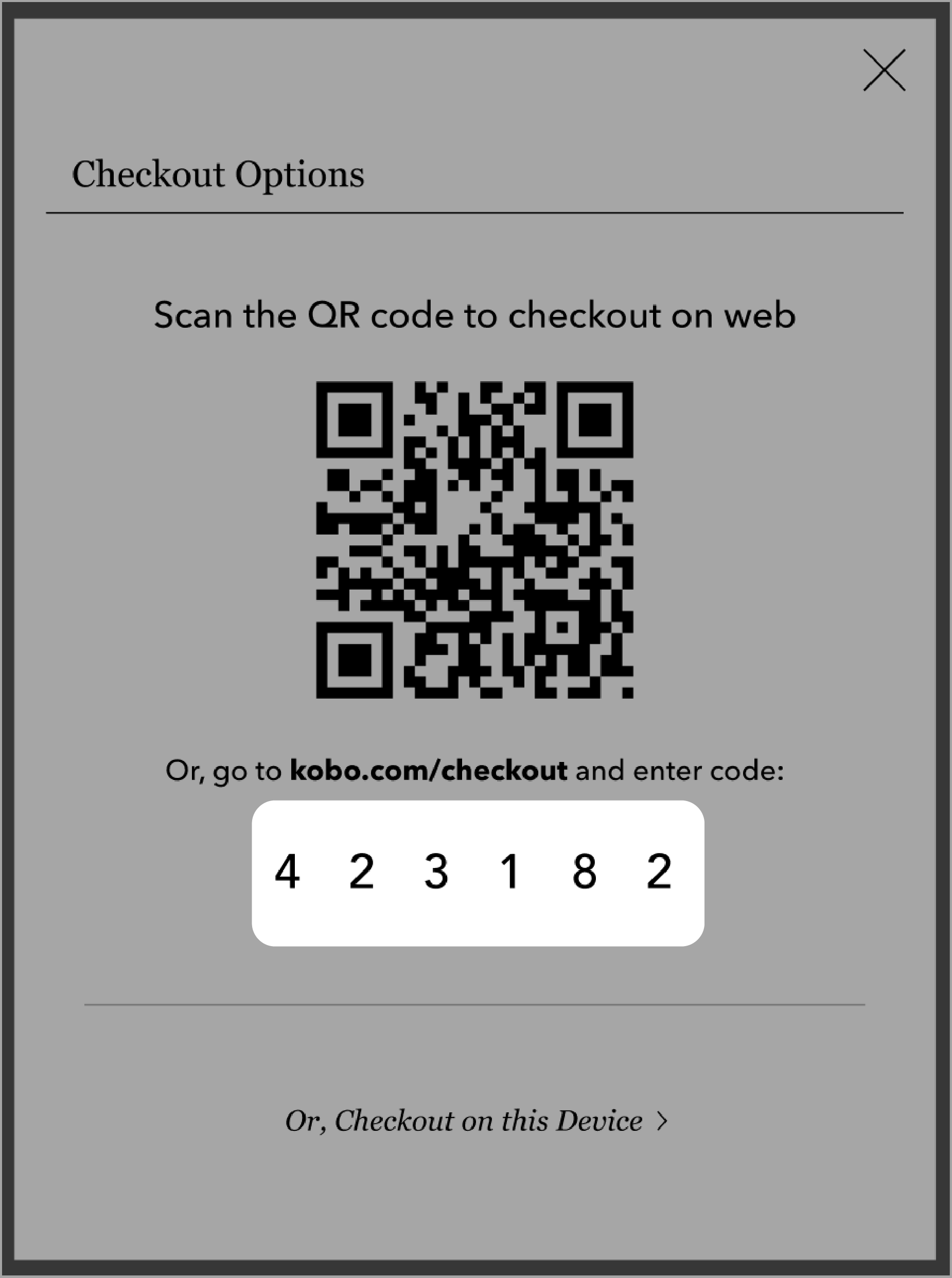 Checkout options screen with the Code highlighted.