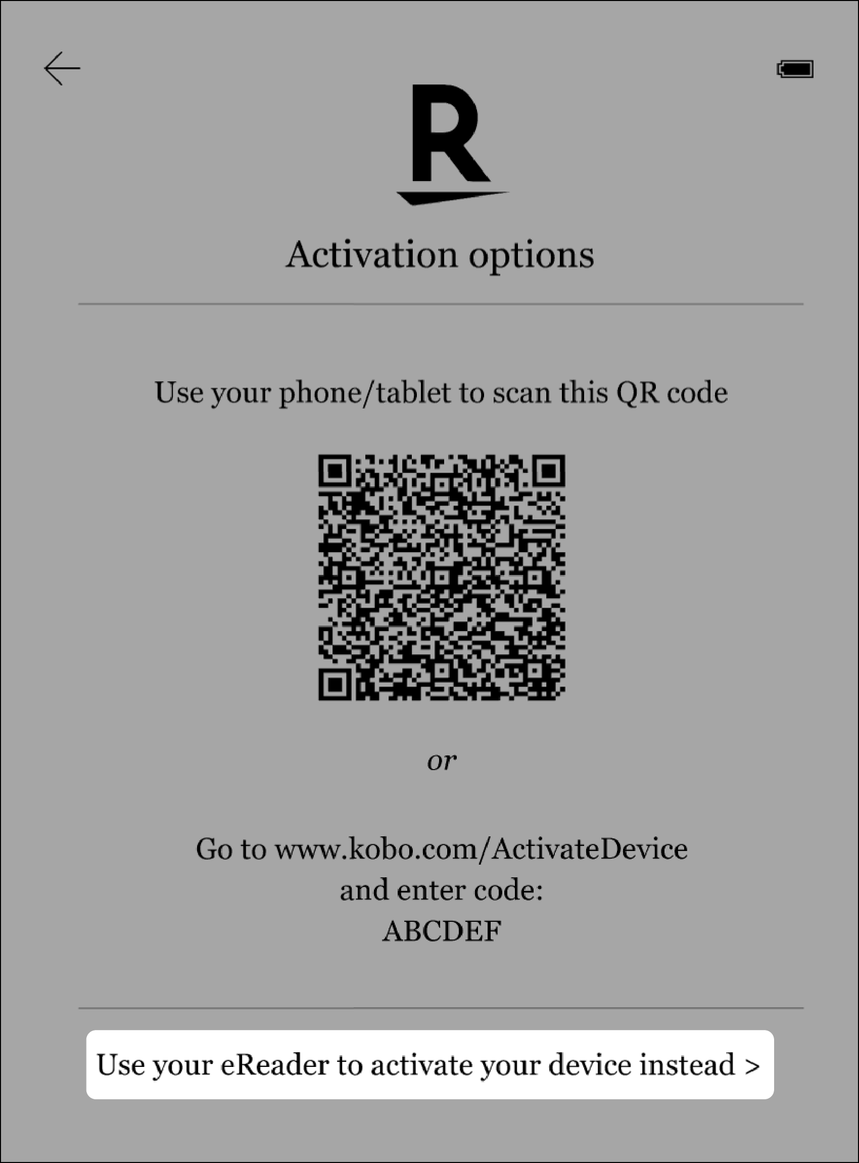 Activate options menu with the Use your eReader to activate button highlighted.