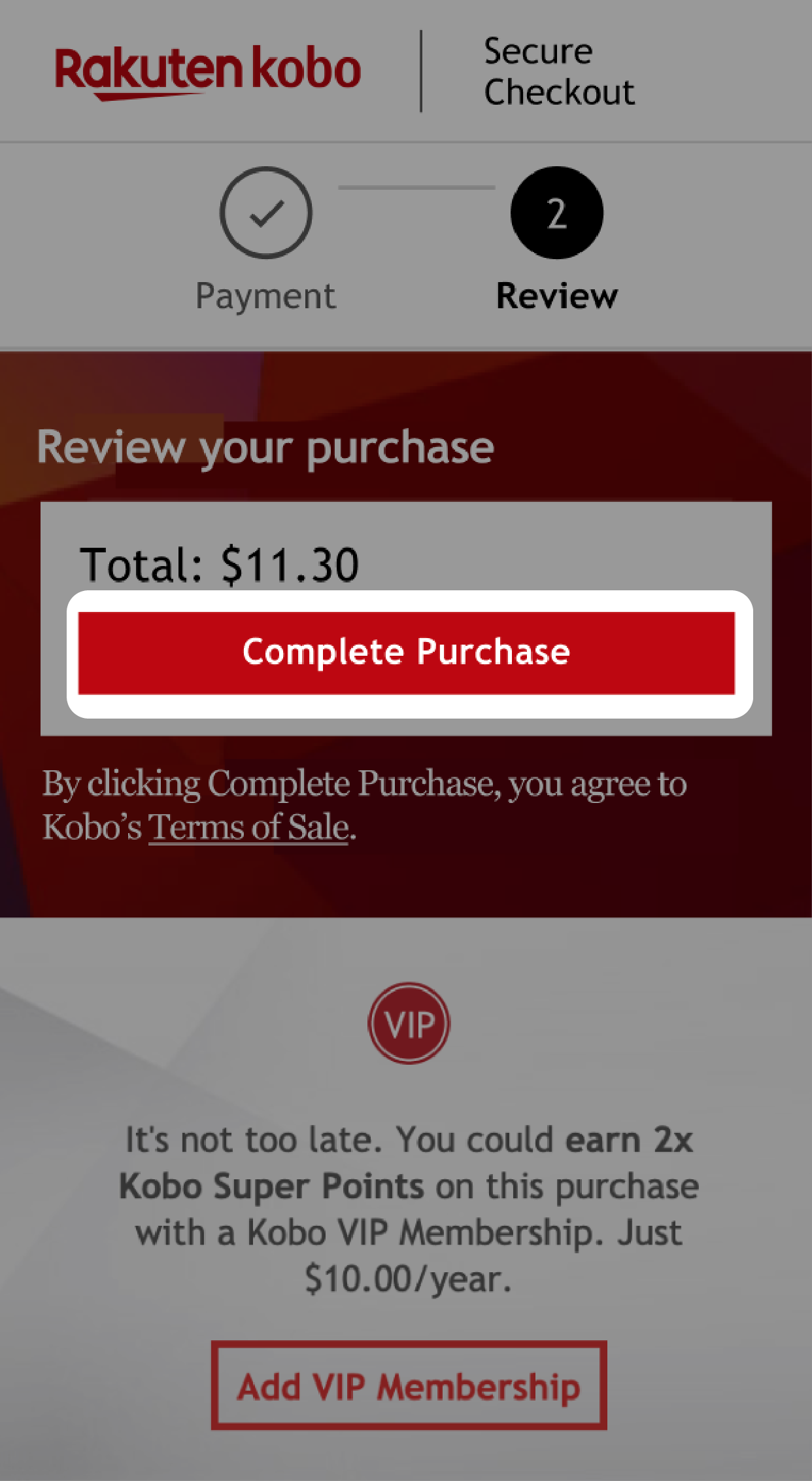 Kobo.com checkout screen with the Complete Purchase button highlighted.