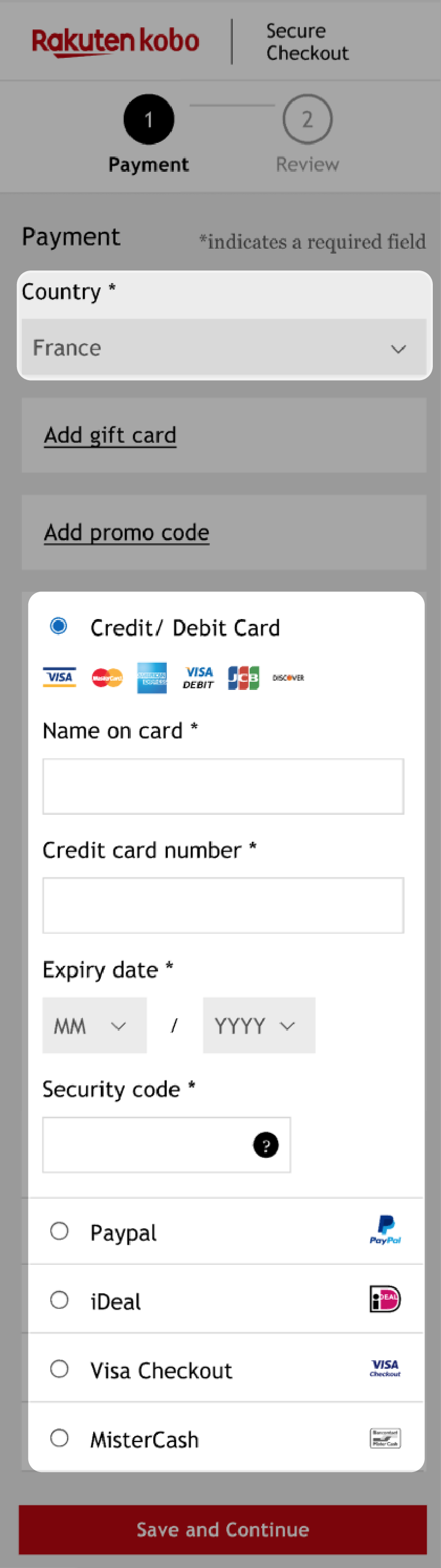 Kobo.com checkout screen with the Country and Credit Card fields highlighted.