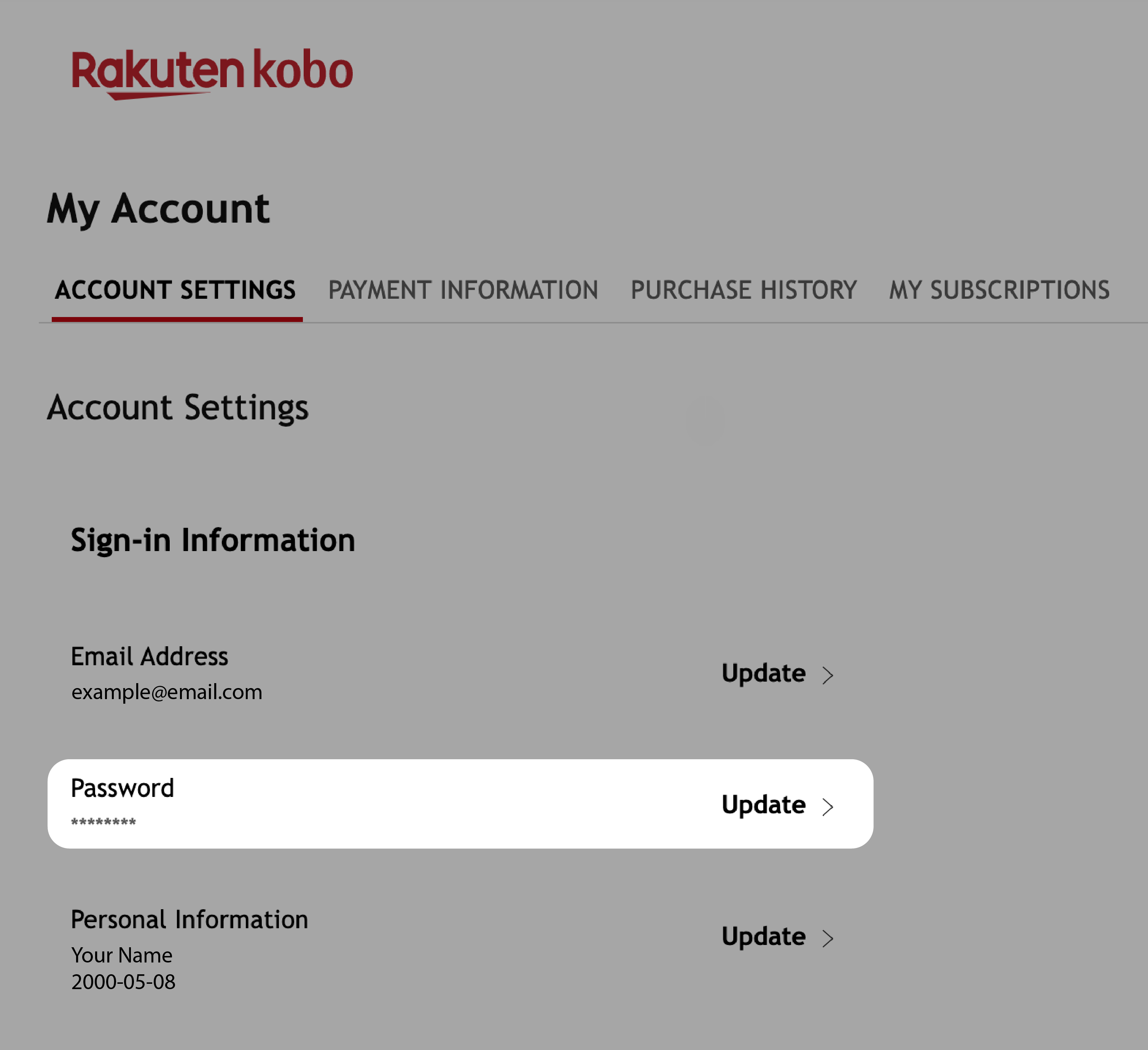 Kobo.com Min konto-menu med feltet Adgangskode fremhævet.