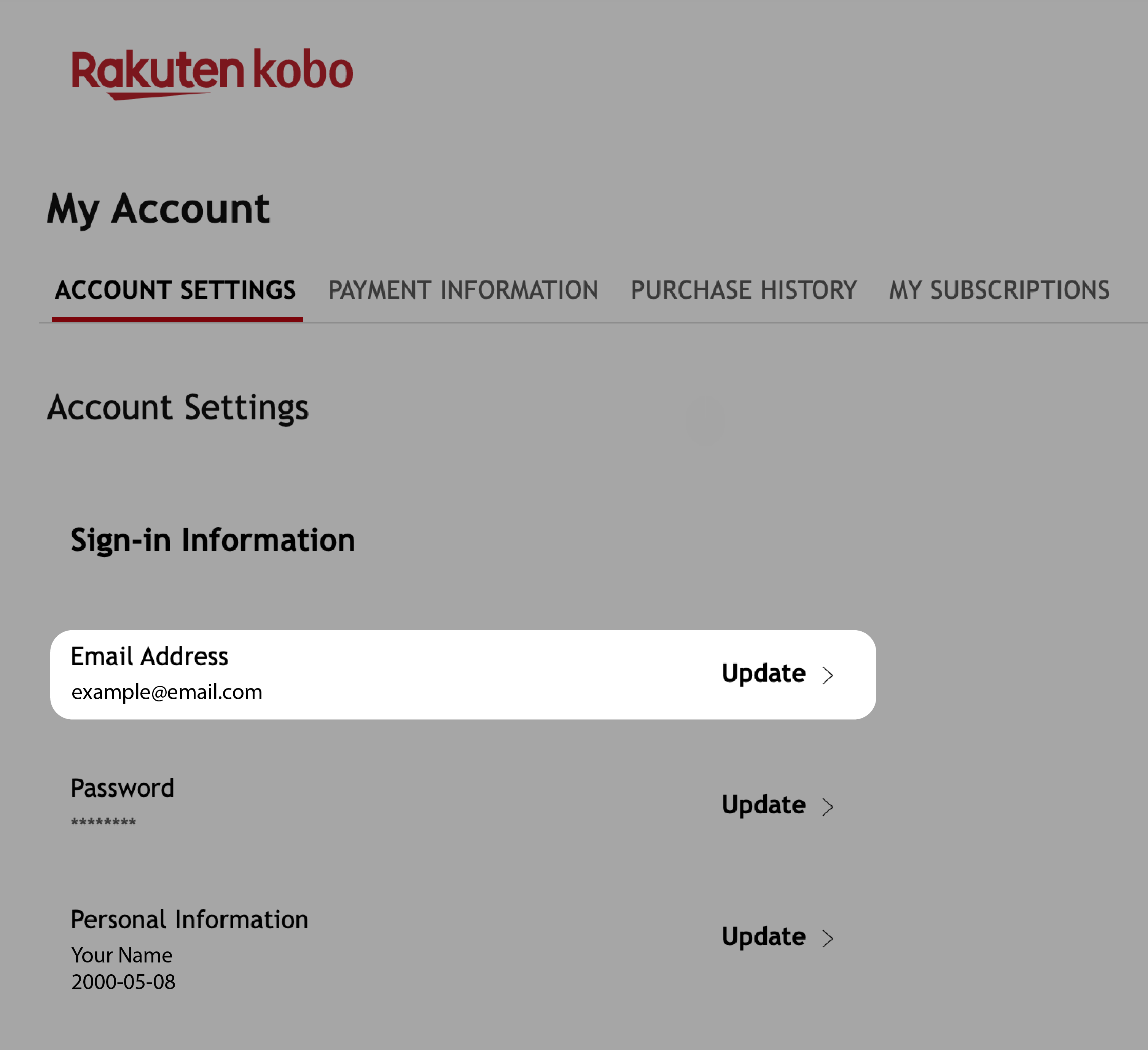 Kobo.com menuen Kontoindstillinger med knappen E-mailadresse fremhævet.