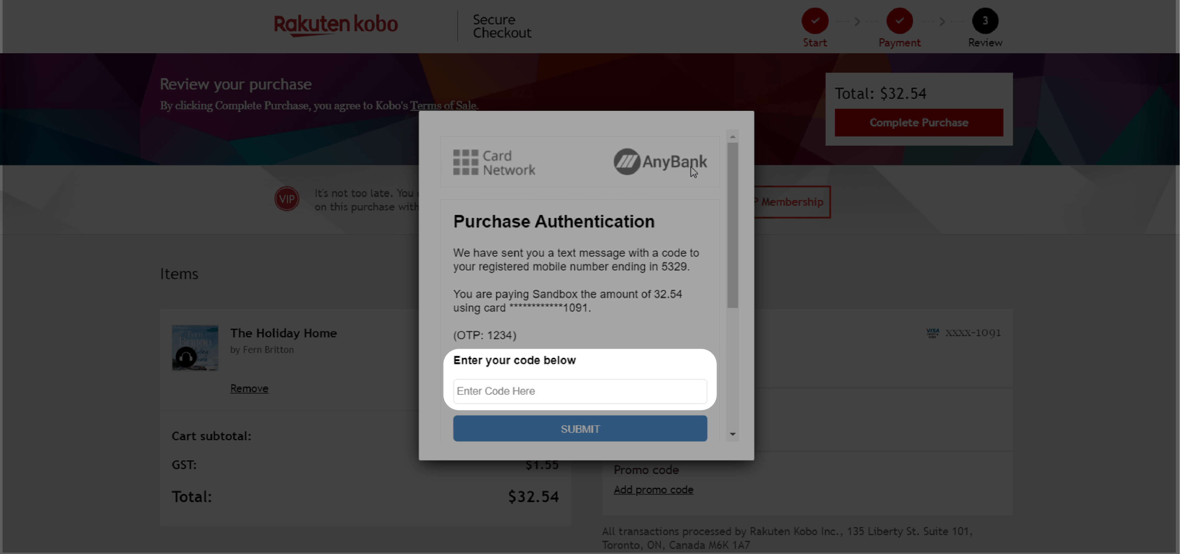 Purchase Authentication message with the Enter your code below field highlighted.