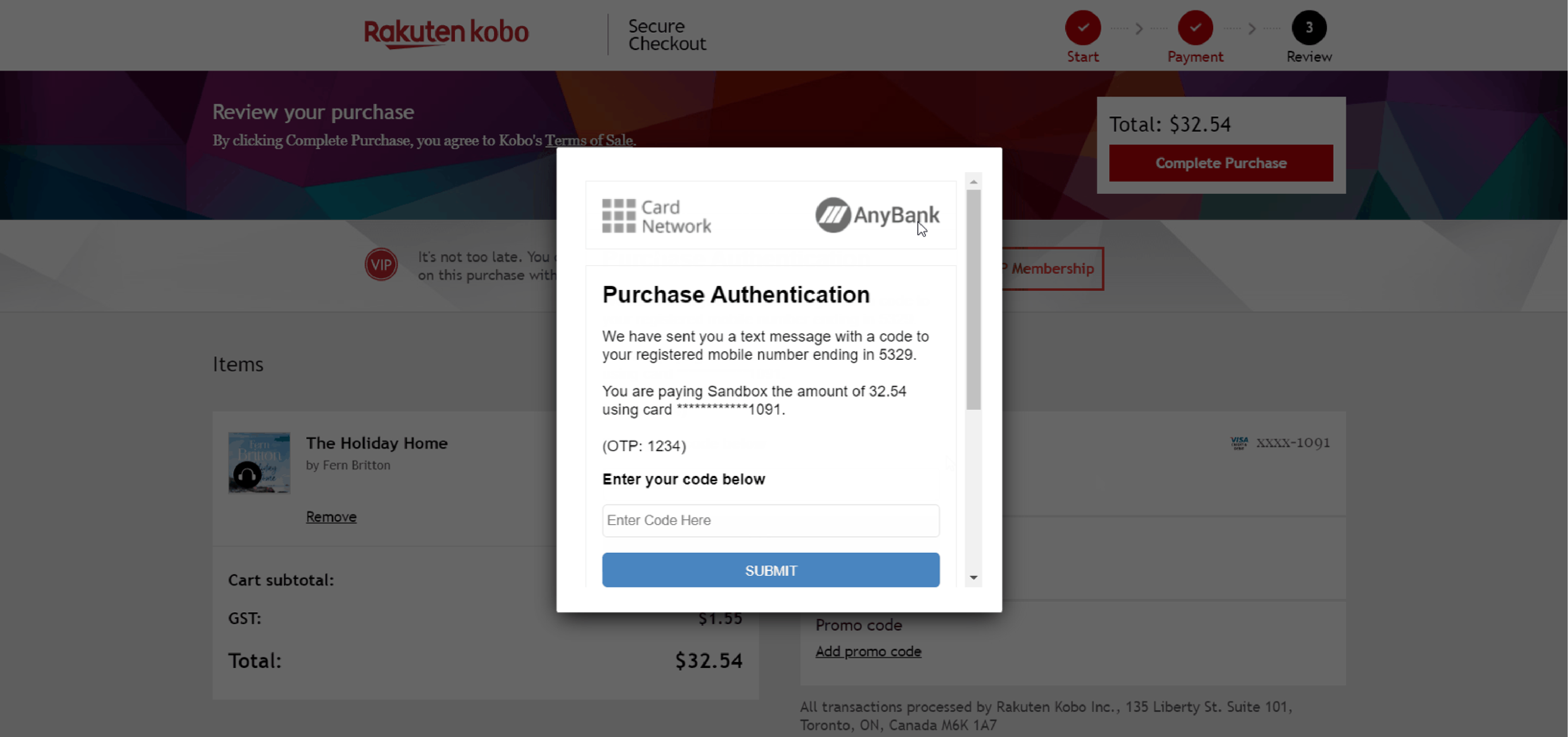 Purchase Authentication message during the Kobo.com checkout process.