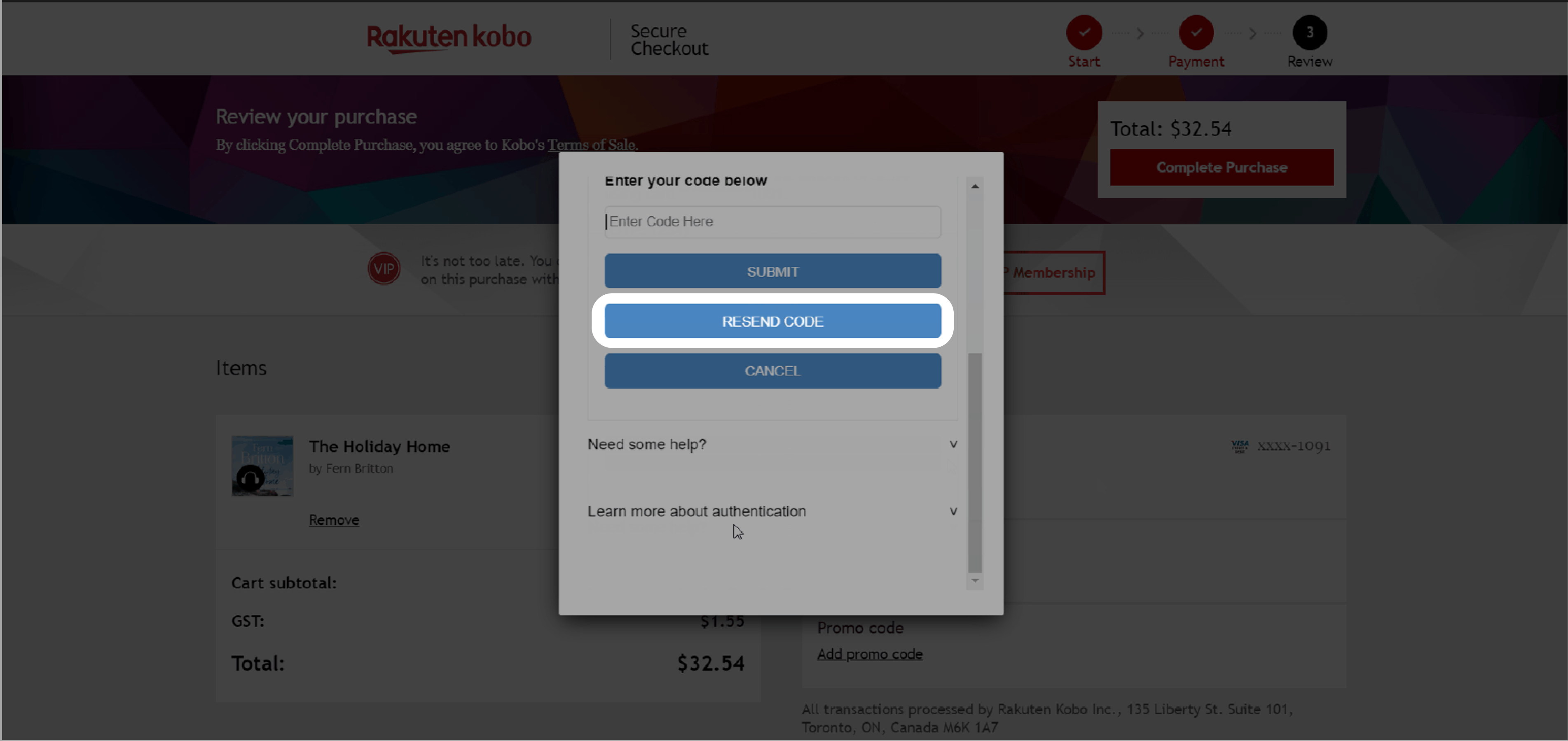 Kobo.com checkout page with the Resend Code button highlighted.