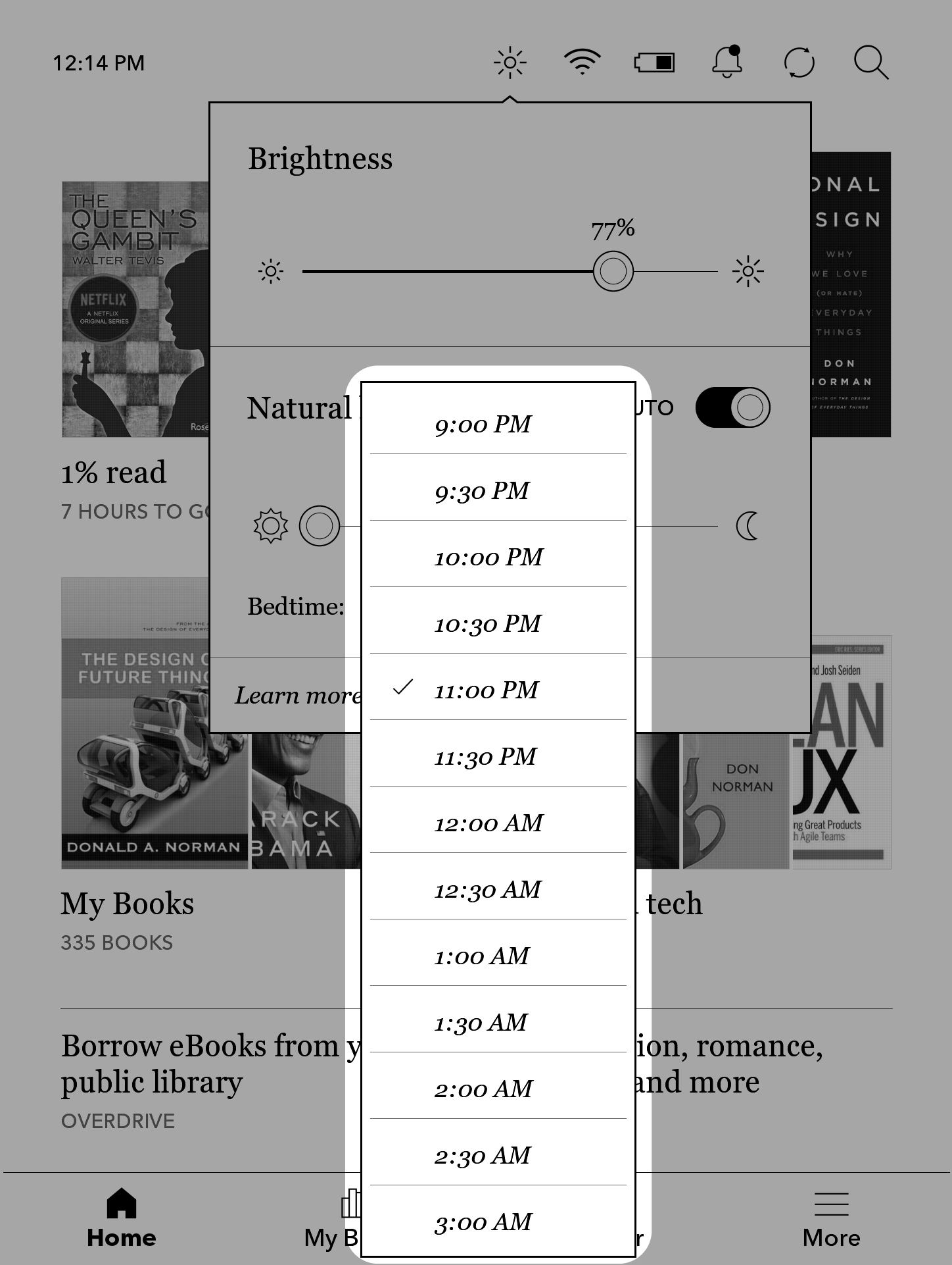 Kobo e-læser startskærm med rullemenuen med tidspunkter fremhævet.