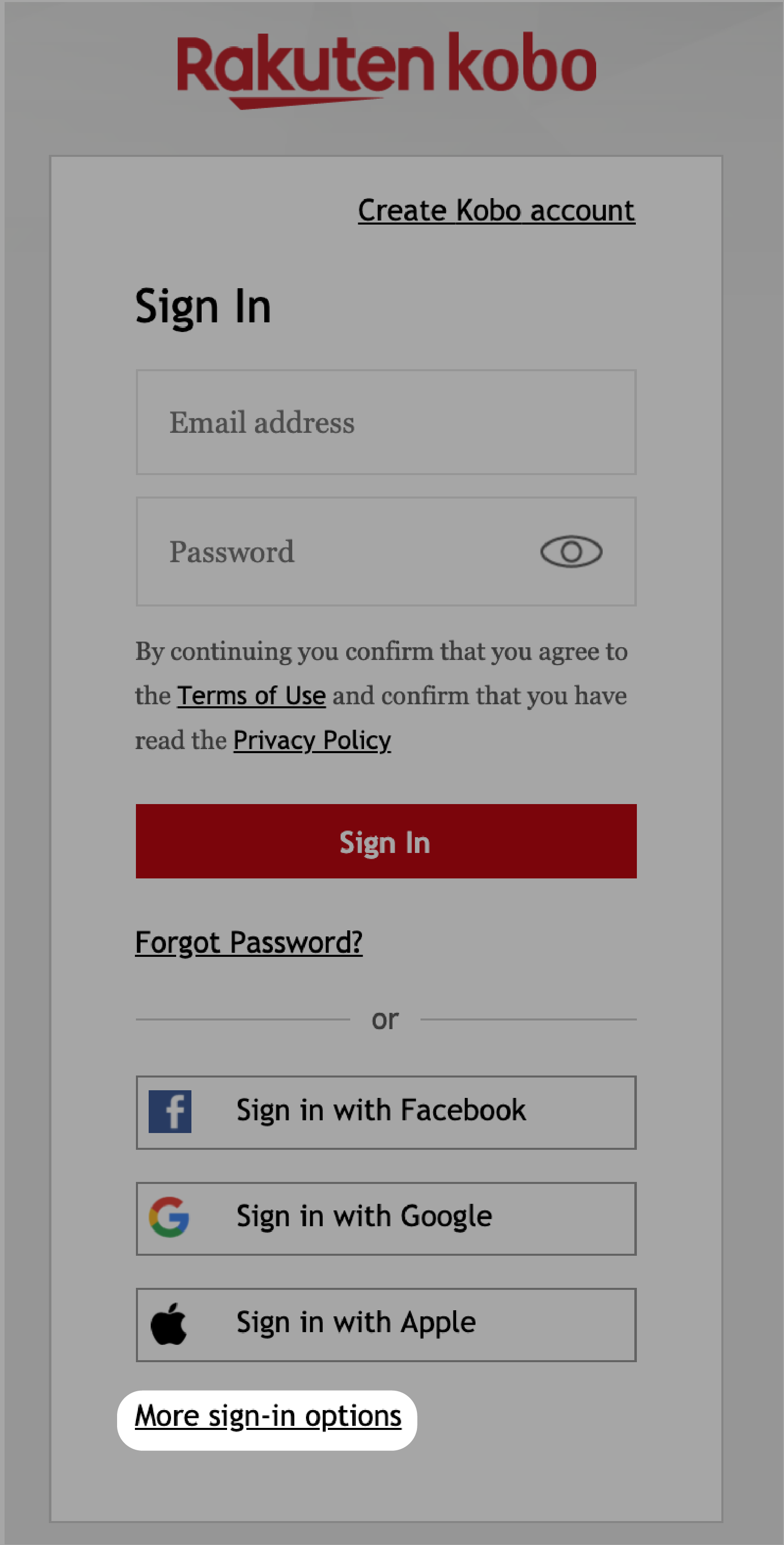 Kobo.coms login-menu med Flere login-muligheder fremhævet.