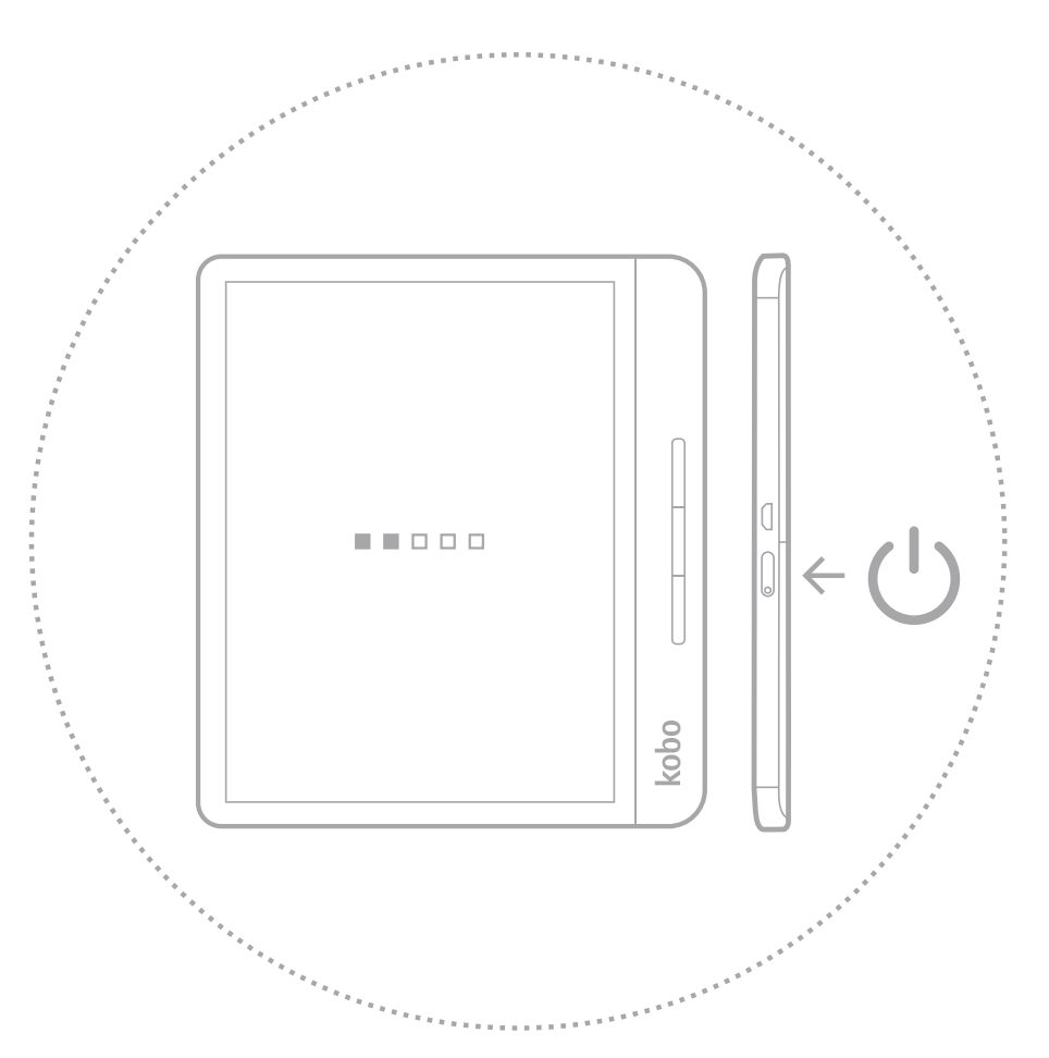 Kobo e-læserillustration med afbryderknappen fremhævet.