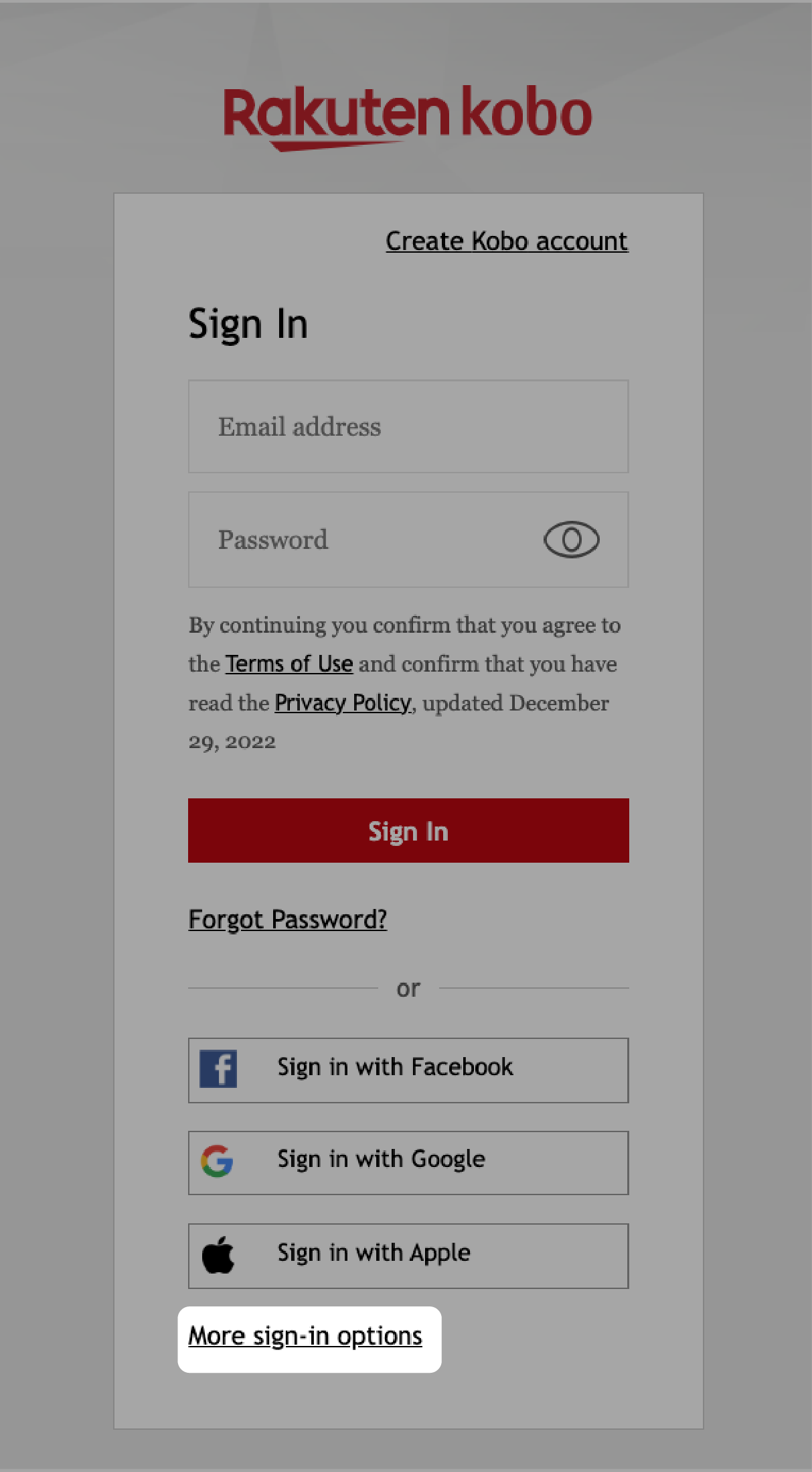 Kobo.com sign in screen with the More sign-in options menu highlighted.