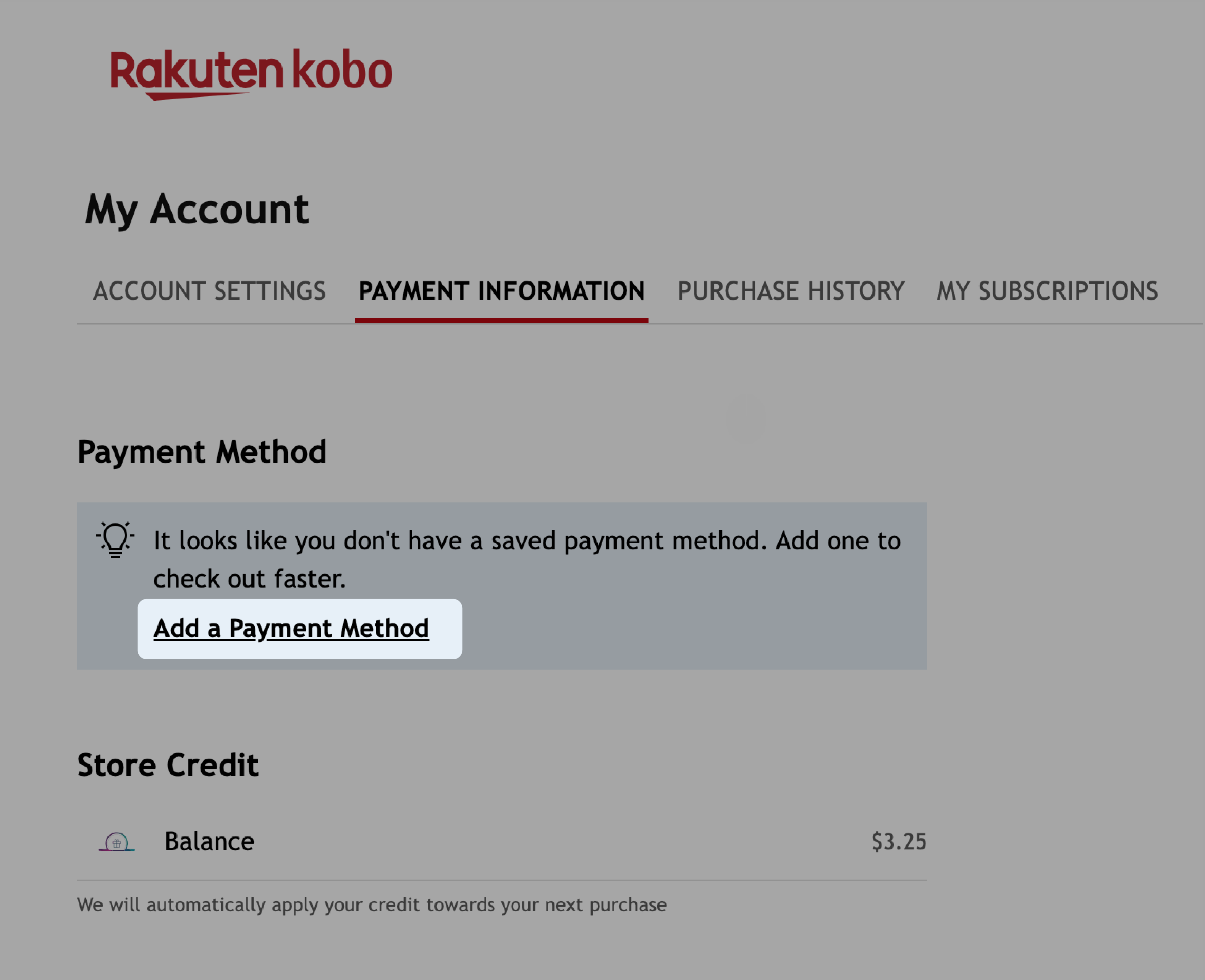 Kobo.com Min konto-menuen med knappen Tilføj en betalingsmetode fremhævet.