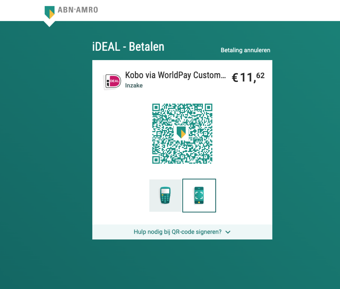 iDeal pop-op-menu med QR-kode.