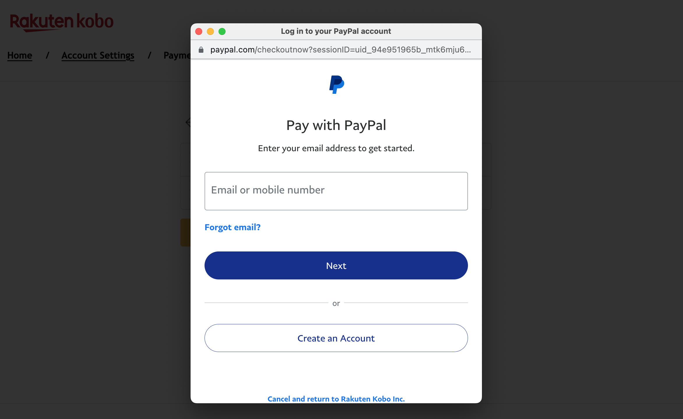 Betal med PayPal log ind-menu med e-mailfeltet og næste knap fremhævet.