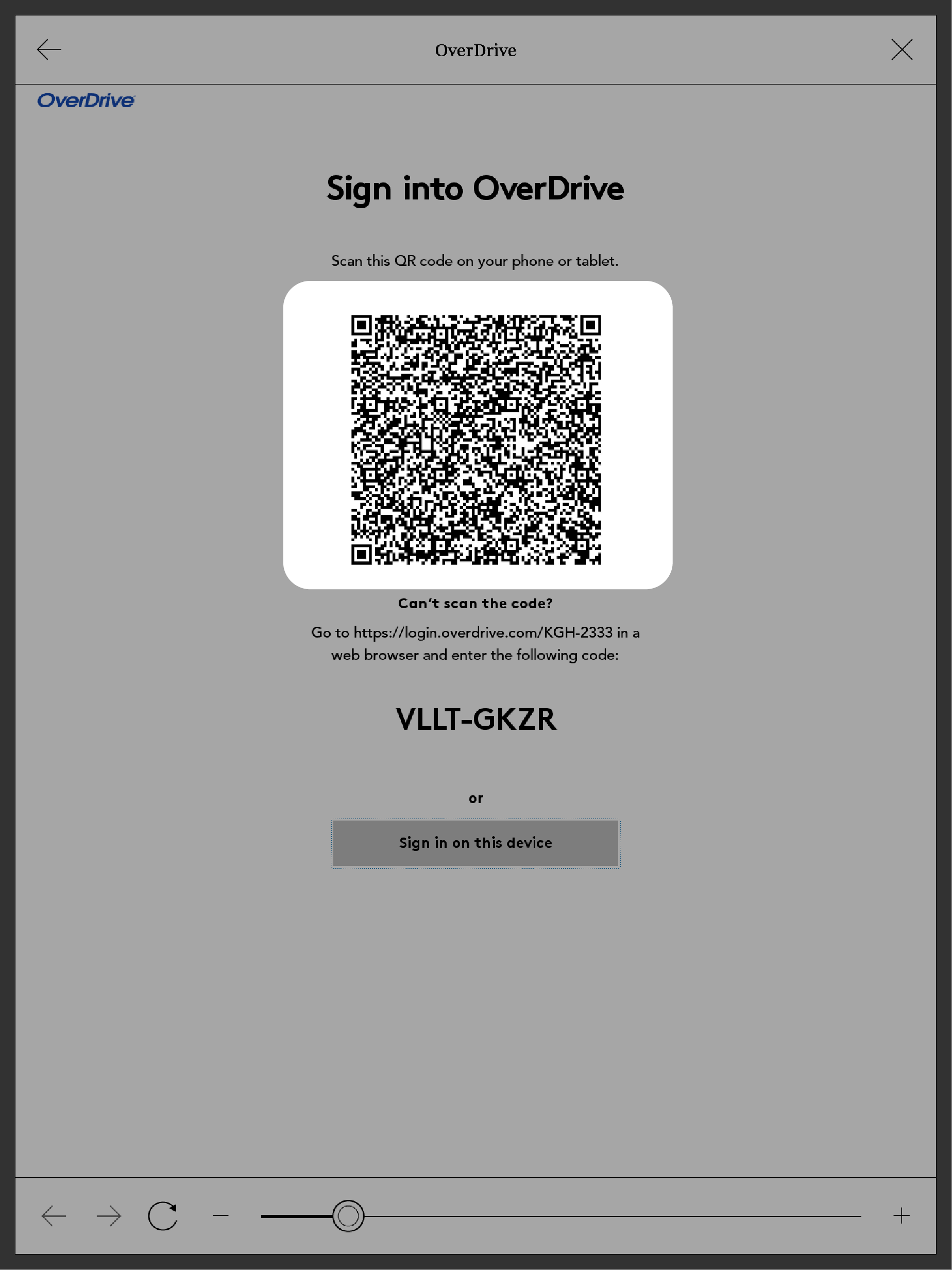 Kobo eReader OverDrive-menu med QR-koden fremhævet.