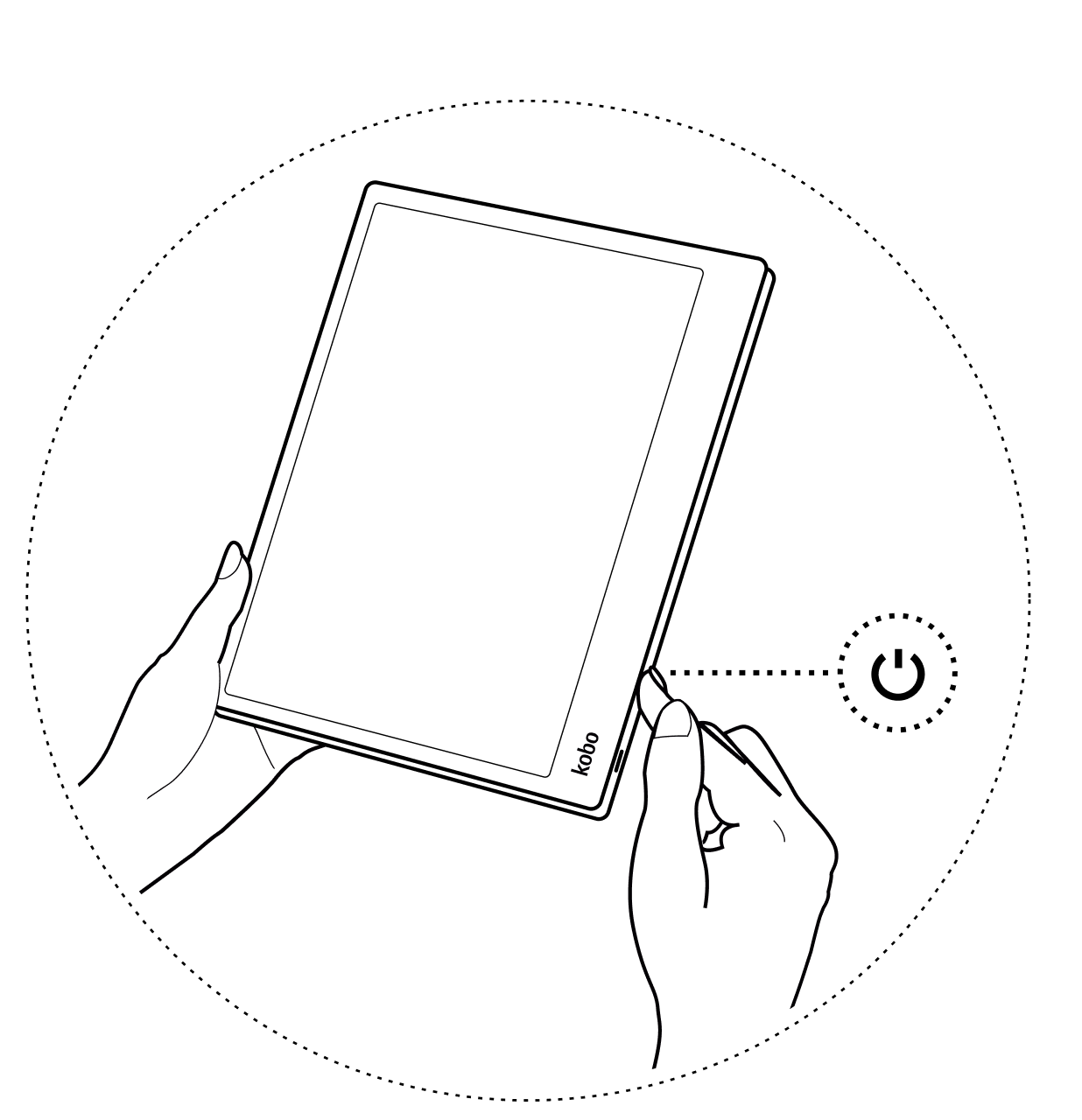 Illustration of a hand holding a Kobo eReader and pressing the power button on the side of the device.