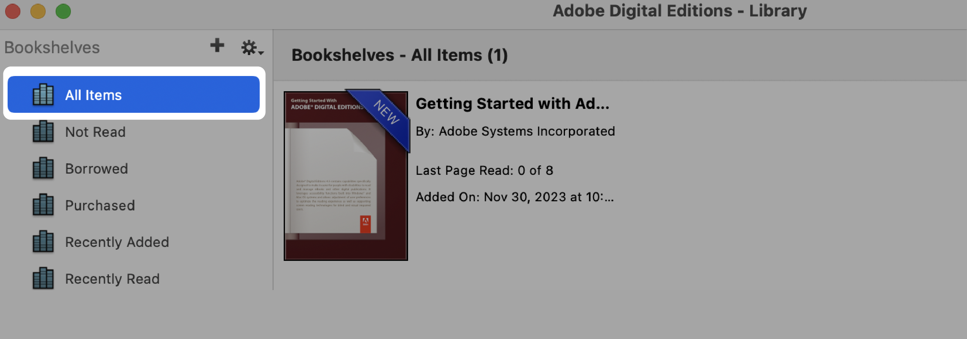 Adobe Digital Editions med bogreolen Alle emner fremhævet.