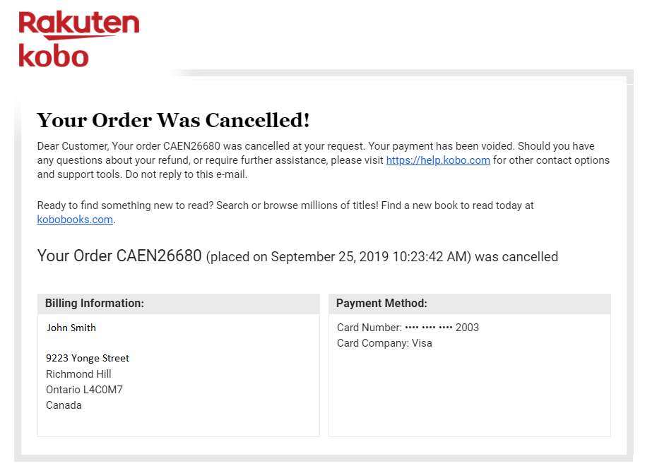 A sample of a Order Cancellation confirmation message.
