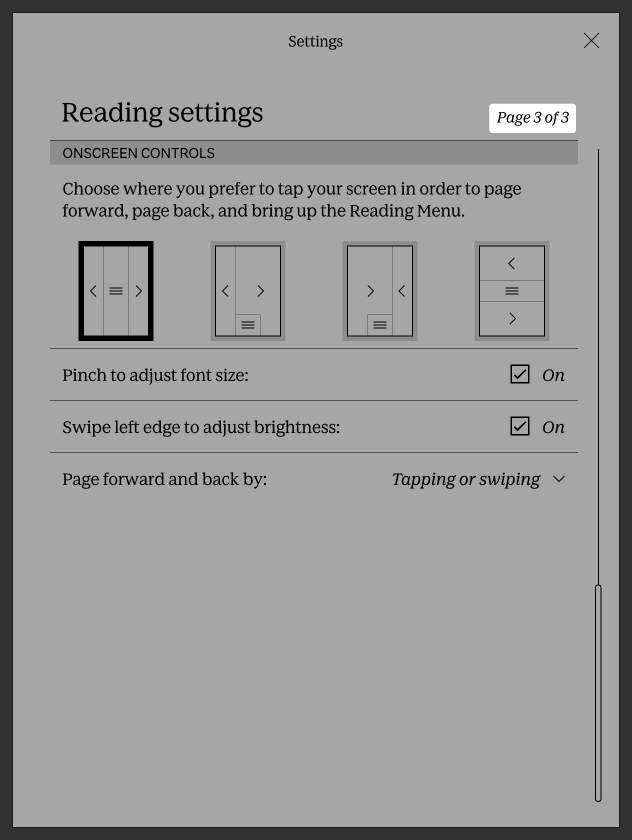 Kobo e-læser menu for læseindstillinger med knappen Side 3 af 3 fremhævet.