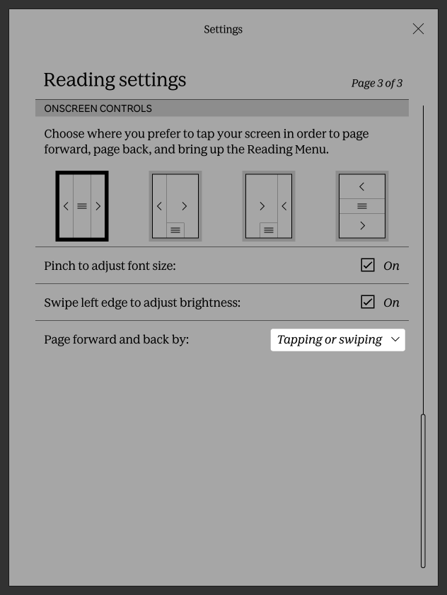 Kobo e-læser menu for læseindstillinger med tryk- eller strygeknappen fremhævet.