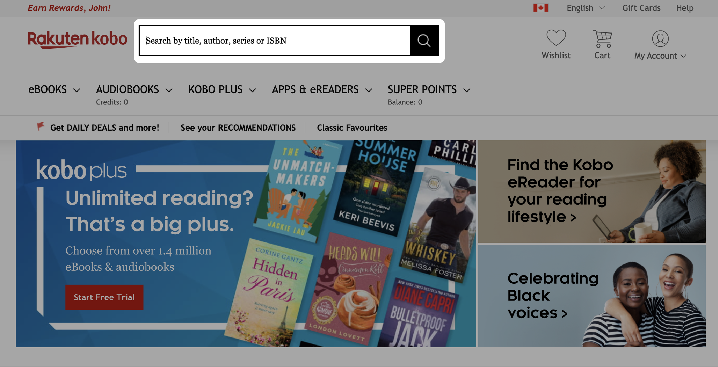 Kobo.com Home page with the Search bar highlighted.