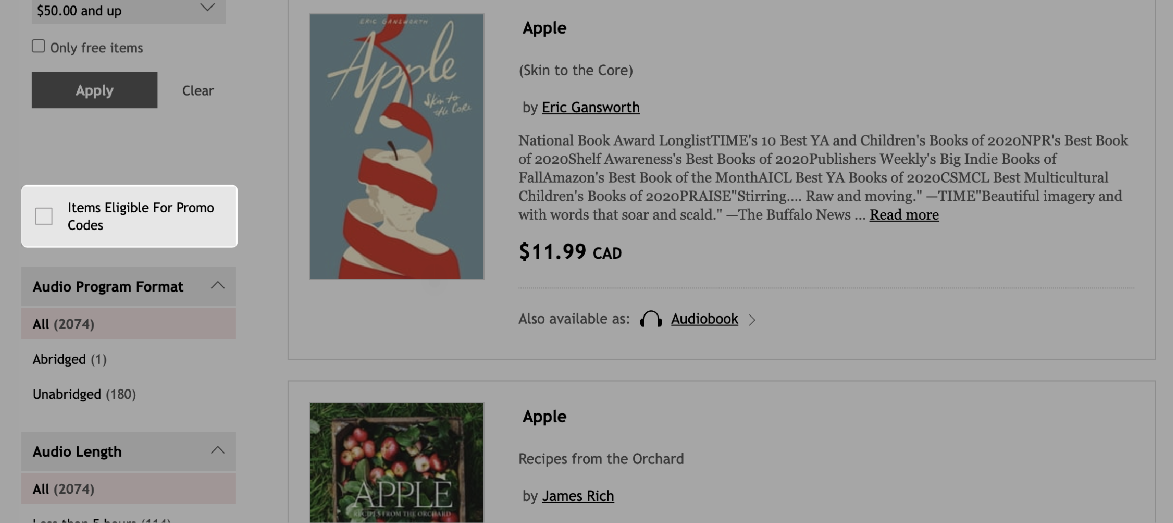 Kobo.com search results with the Items eligible for Promo Codes highlighted.