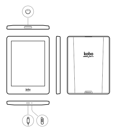 En illustration af en Kobo e-læser med afbryderknappen på toppen.