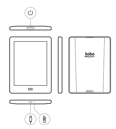 En illustration af en Kobo e-læser med afbryderknappen på toppen.