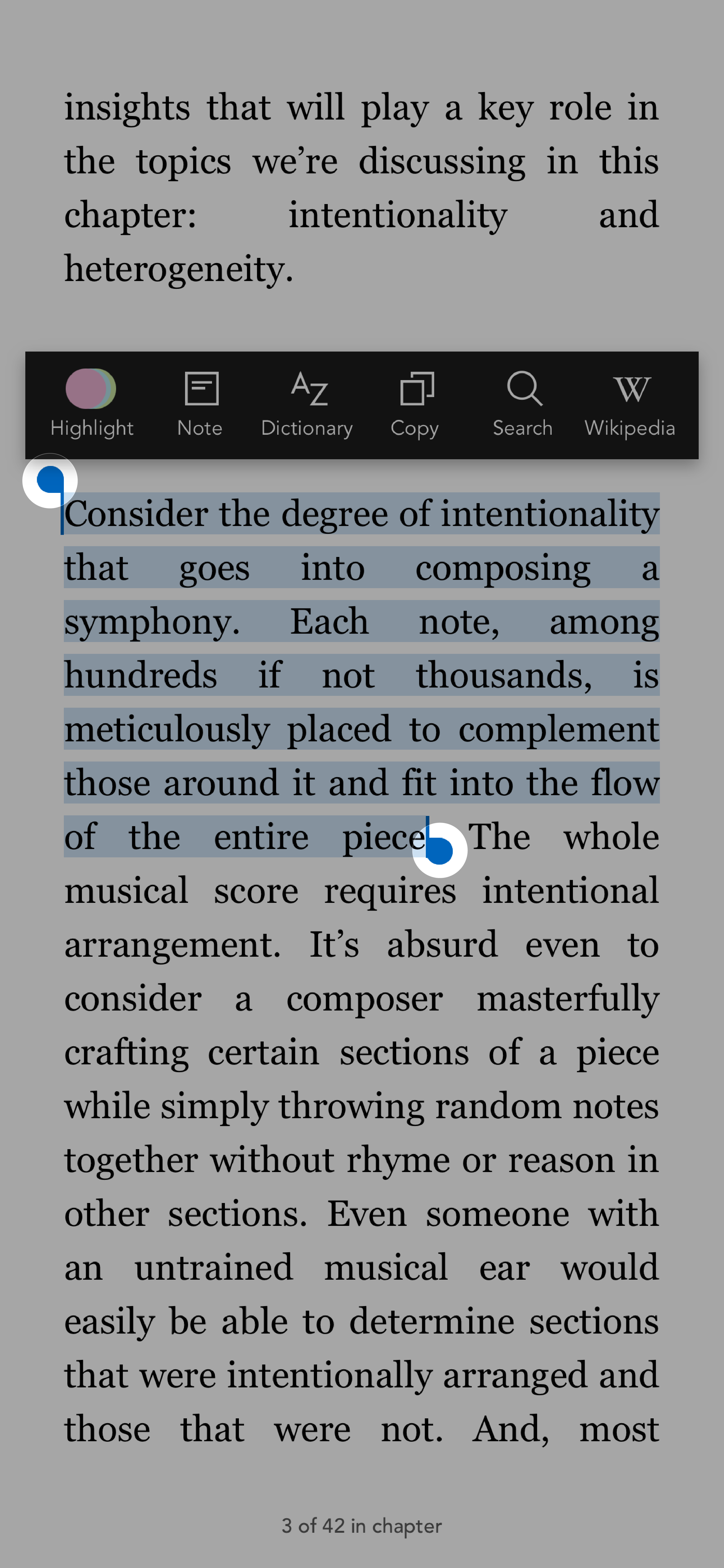 Kobo Books app reading mode with the circular handles highlighted when highlighting text.