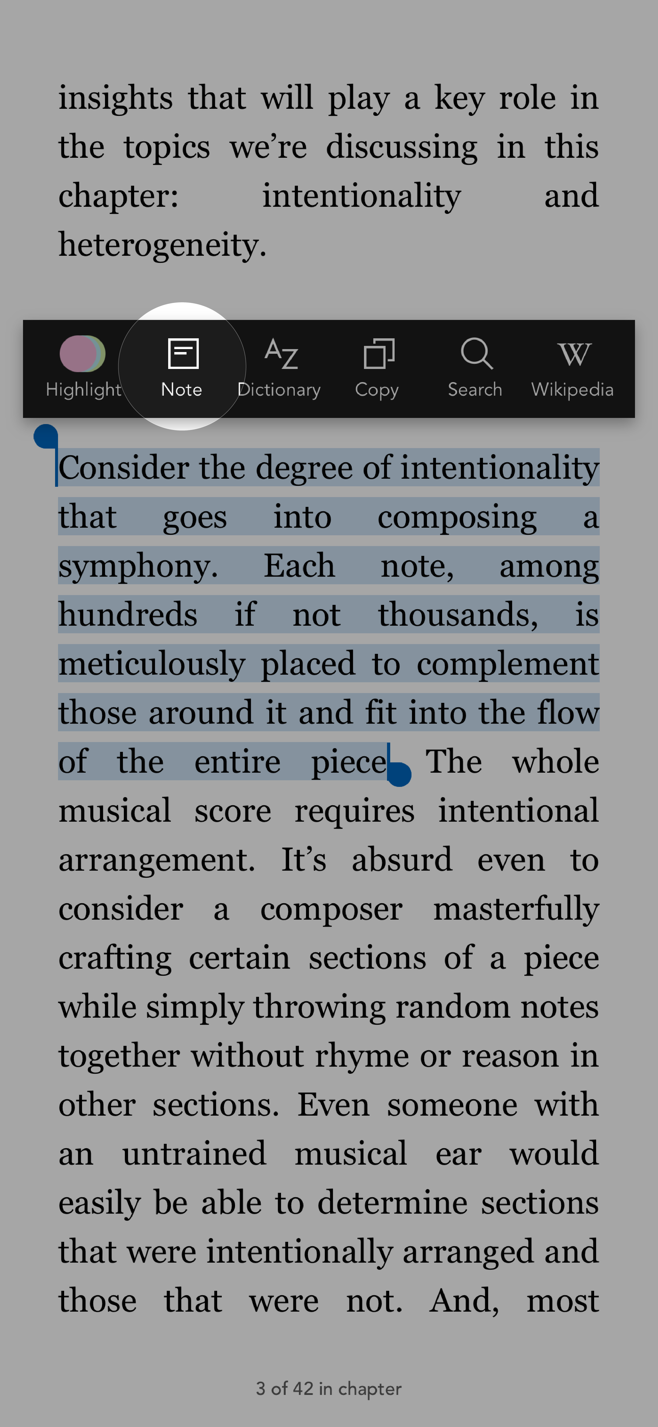 Kobo Books app reading mode with the Note button highlighted.