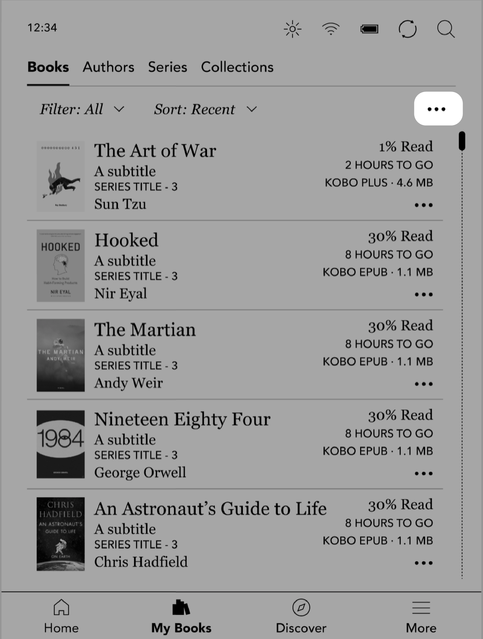 Kobo eReader 'Mijn boeken'-menu met het pictogram met de drie puntjes gemarkeerd.