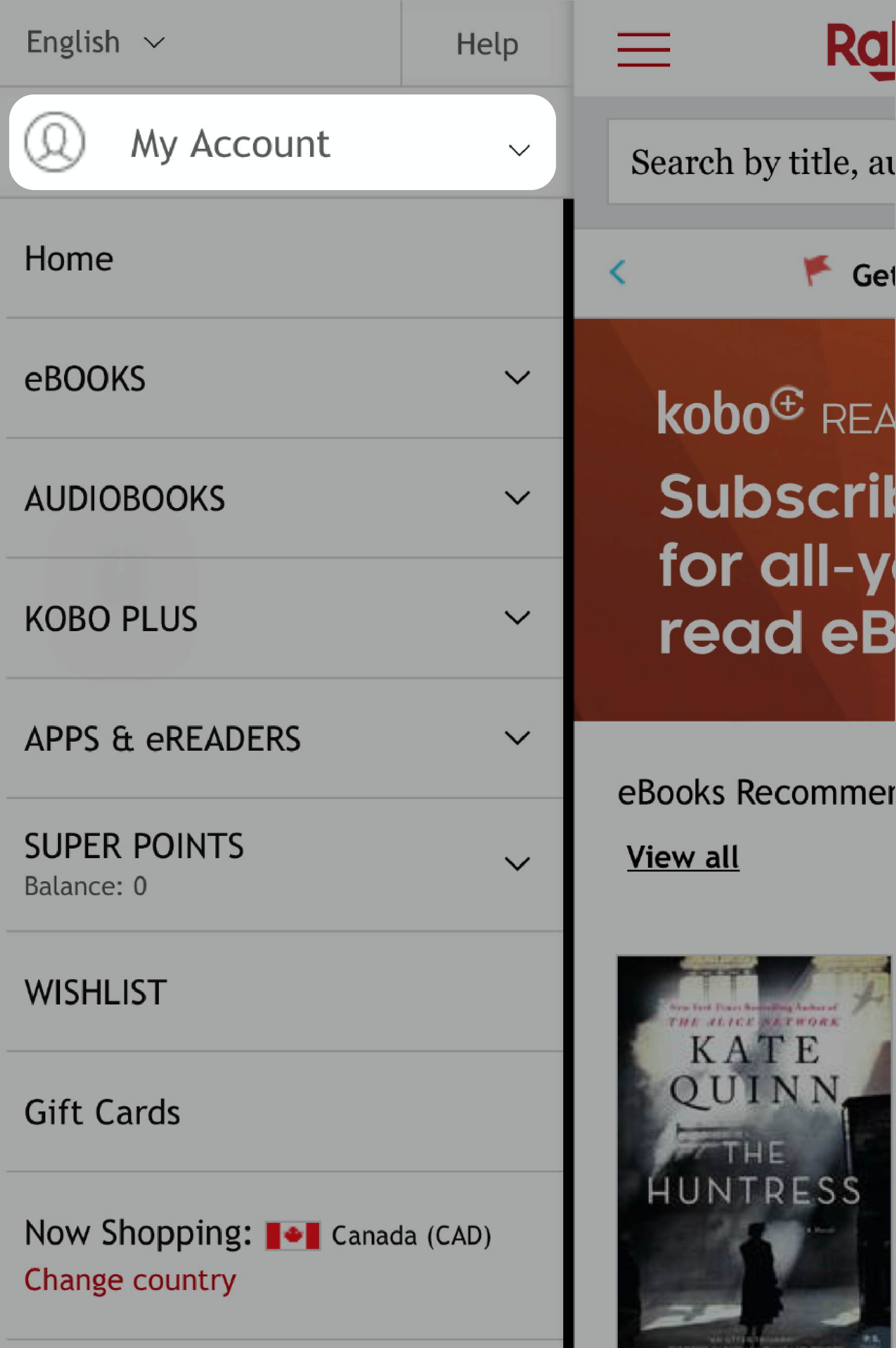 Kobo.com, mobilvy med knappen Mitt konto markerad.