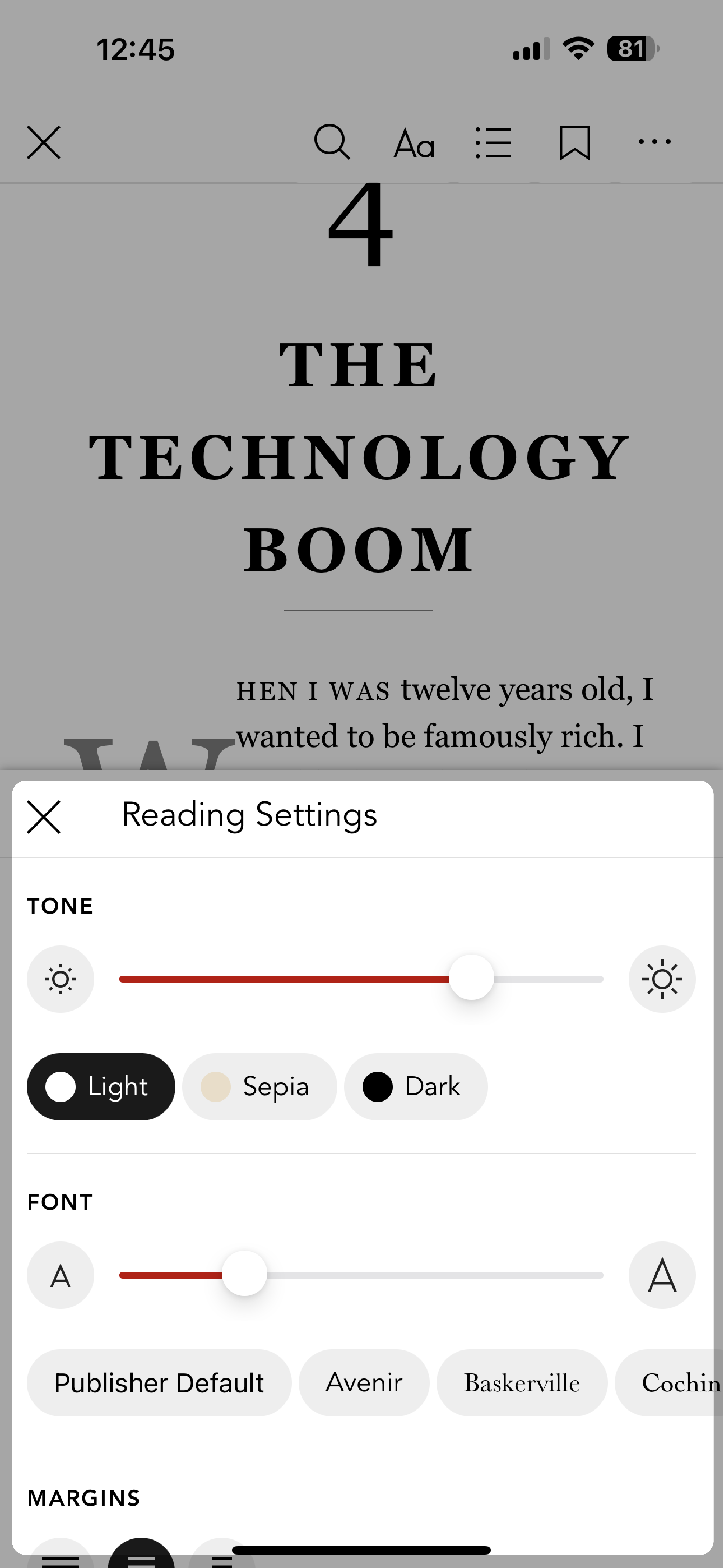 Kobo Books app with the Reading Settings highlighted.