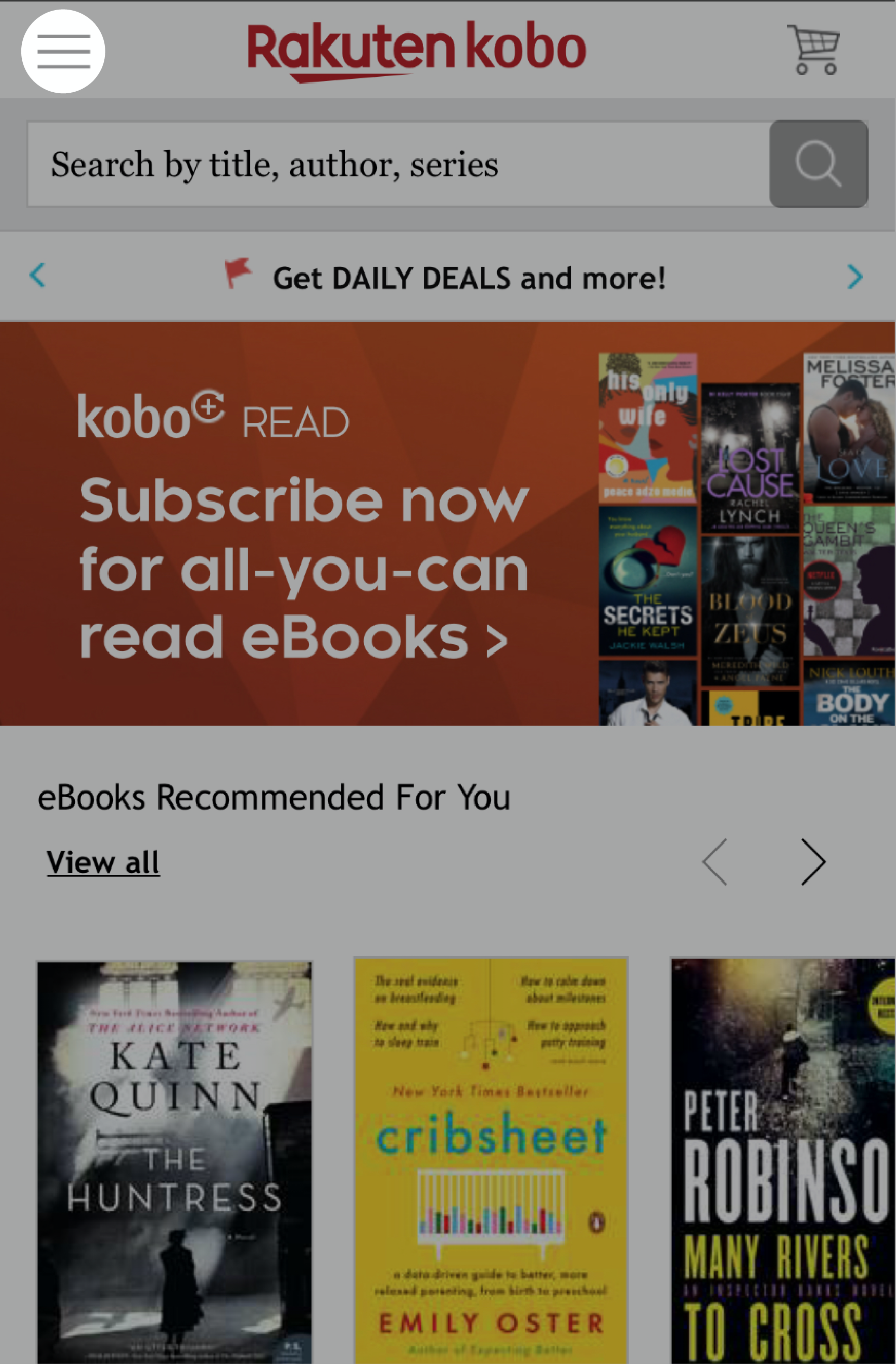 Kobo.com home page with the menu icon highlighted near the top left of the screen in mobile view.