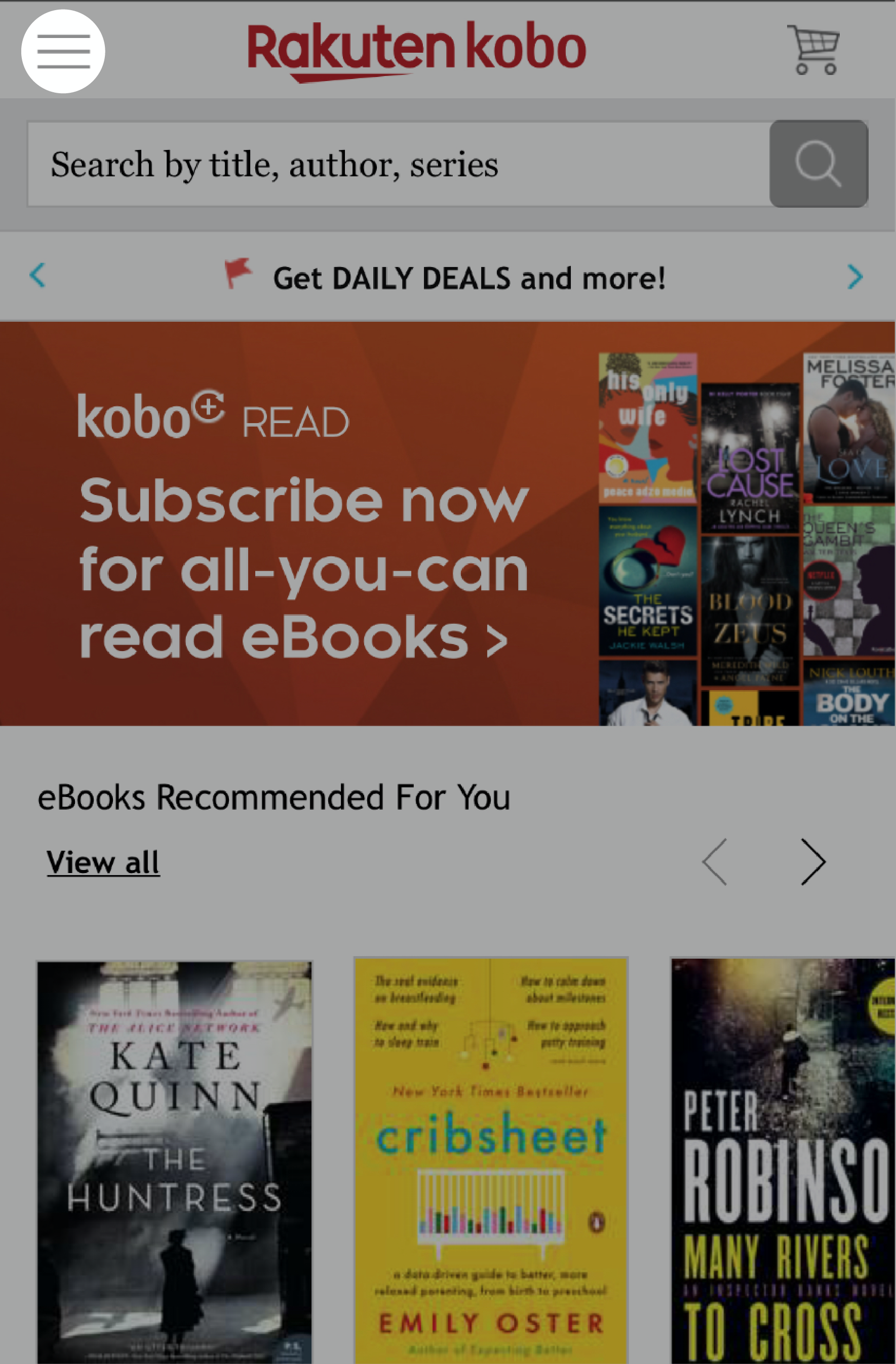 Page d'accueil de kobo.com avec l'icône du menu mise en évidence en haut à gauche de l'écran sur mobile.
