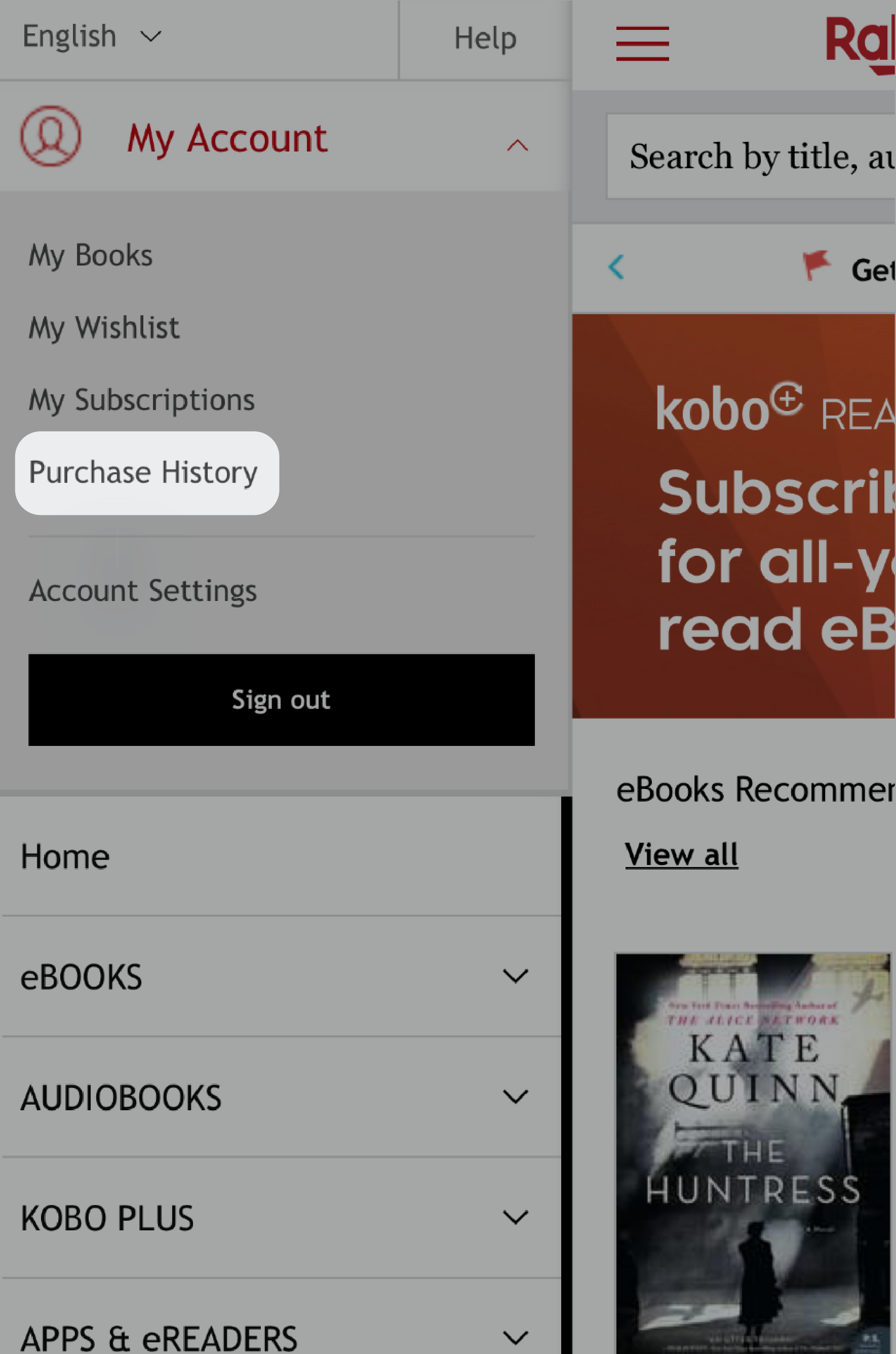 Kobo.com, mobilvy med knappen Köphistorik markerad.