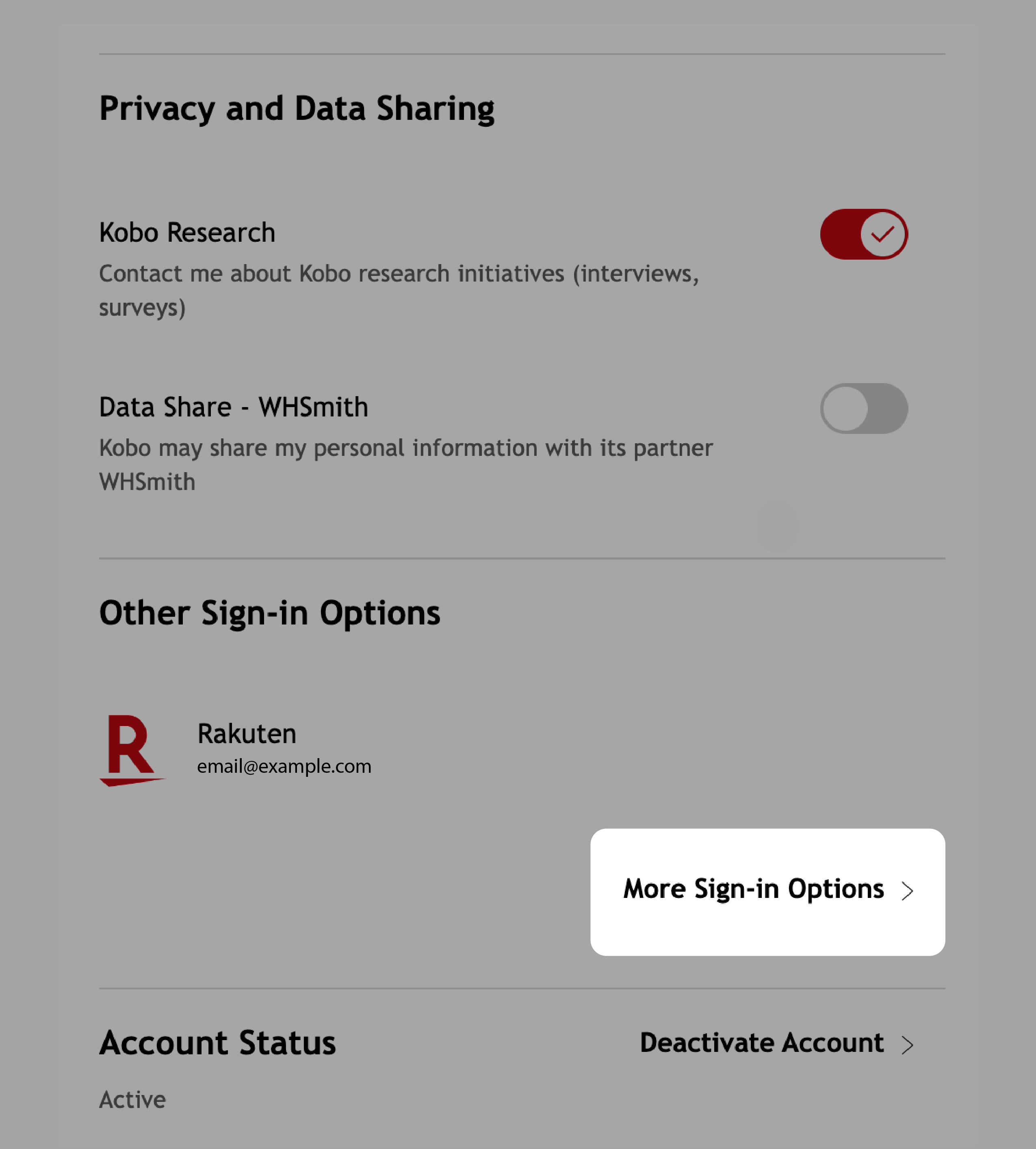 Ventana de Privacidad y Compartición de Datos de Kobo.com con Más Opciones de Inicio de Sesión resaltadas.