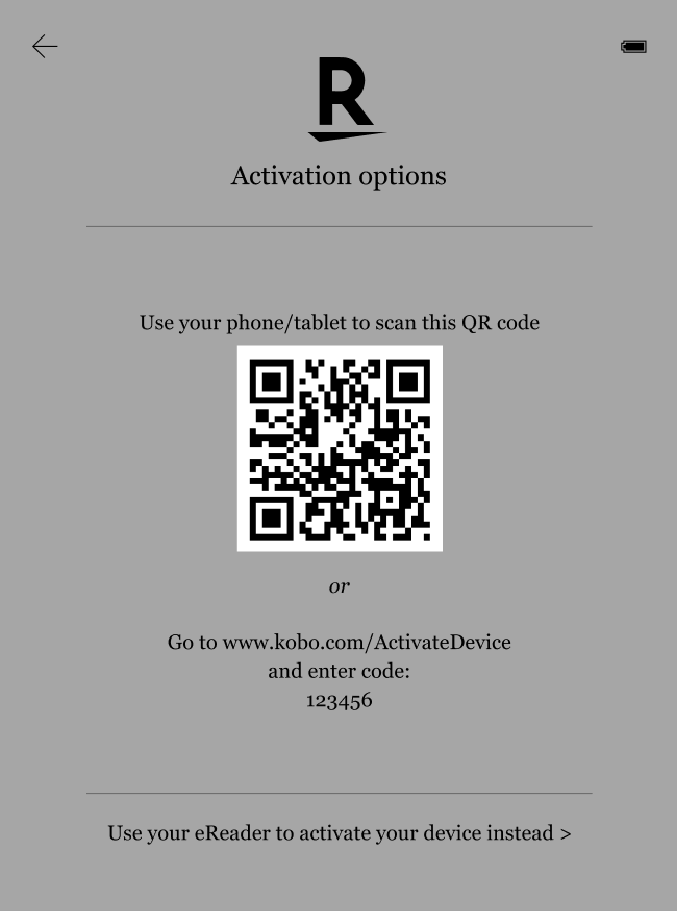 Pagina delle opzioni di attivazione di Kobo con il codice QR evidenziato.