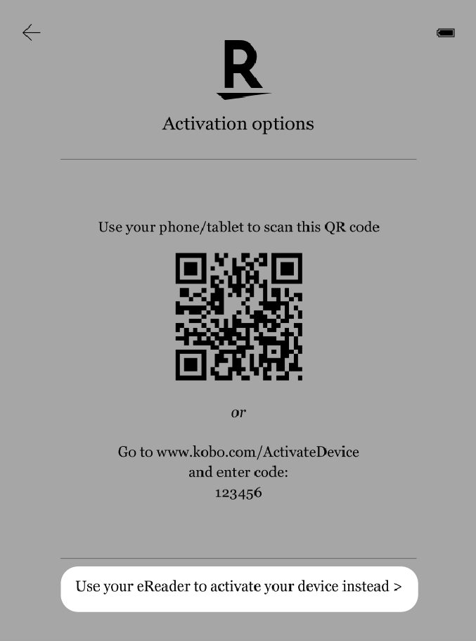 Menu de opções de ativação do Kobo eReader com o botão Usar o seu eReader para ativar o seu dispositivo realçado.