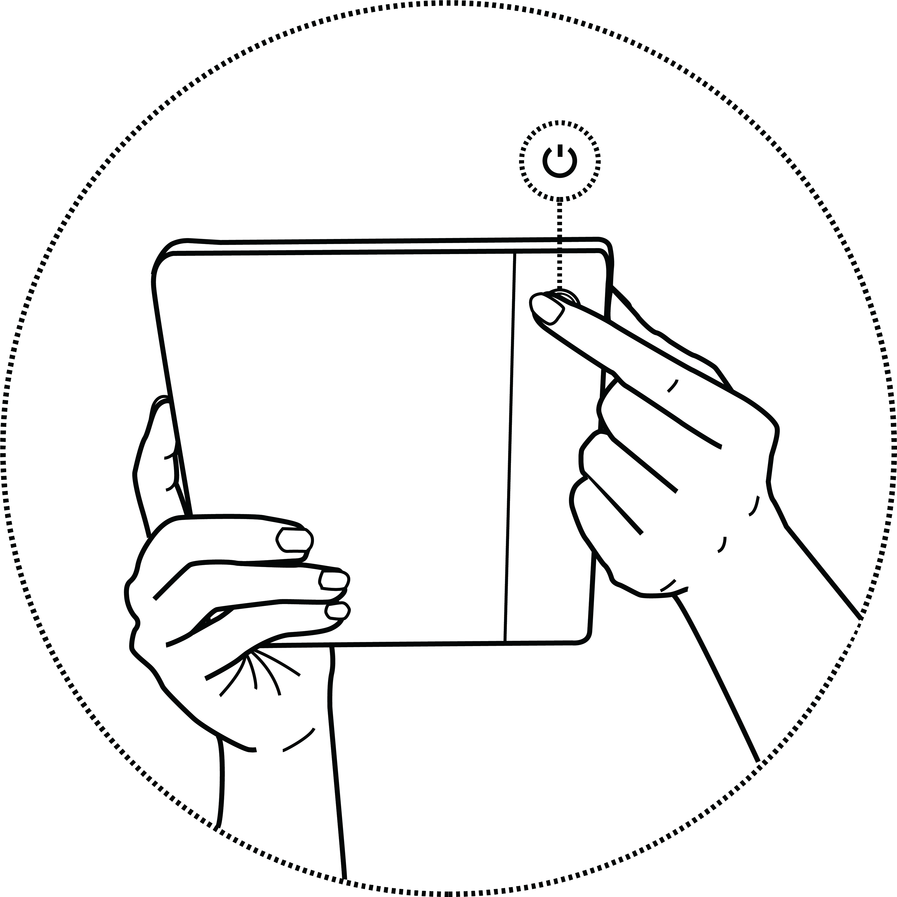 Illustration of a hand holding a Kobo eReader pressing the power button on the back of the eReader.