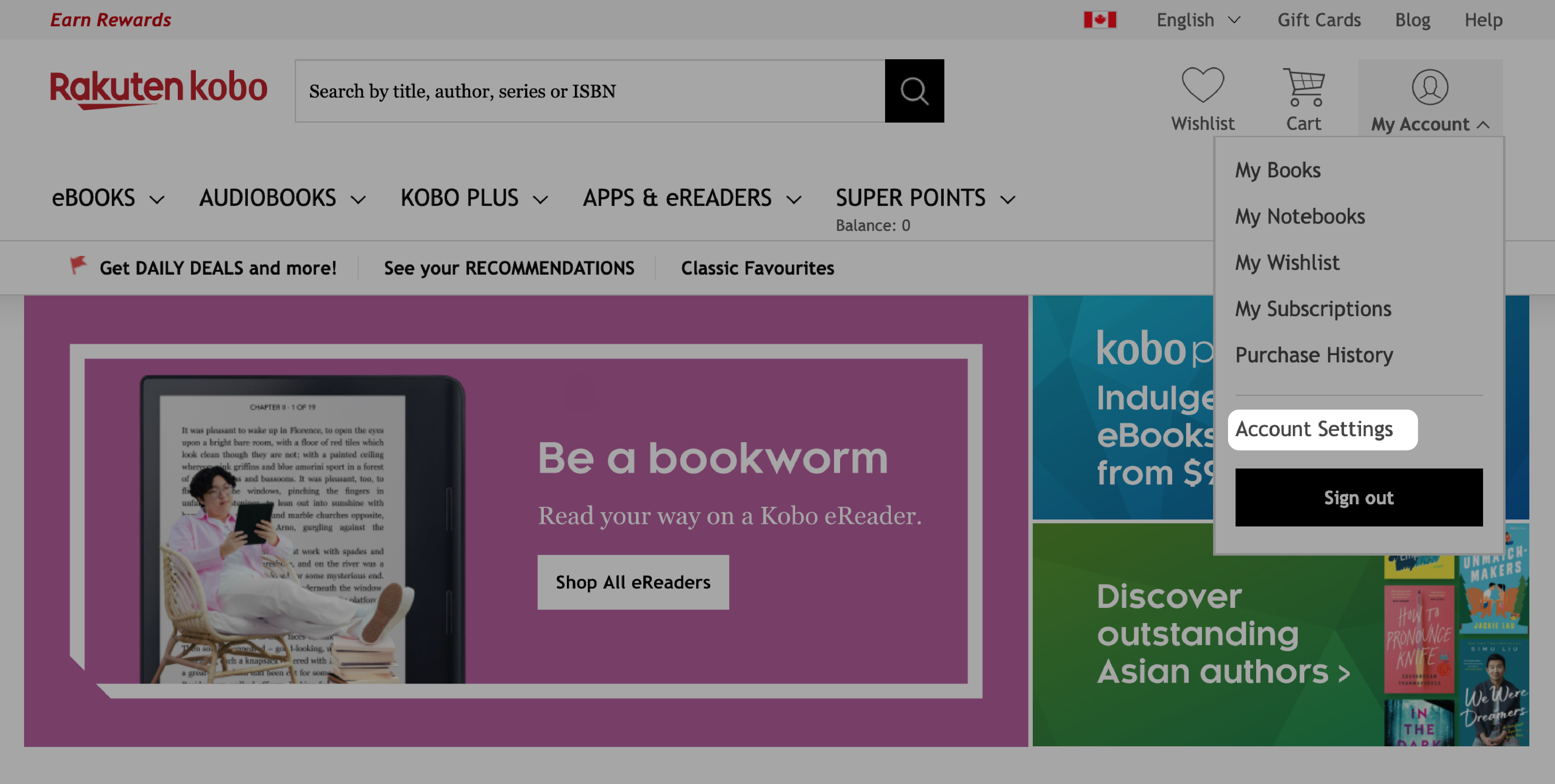 Kobo.com sin hjemmeside med «Kontoinnstillinger»-knappen uthevet.